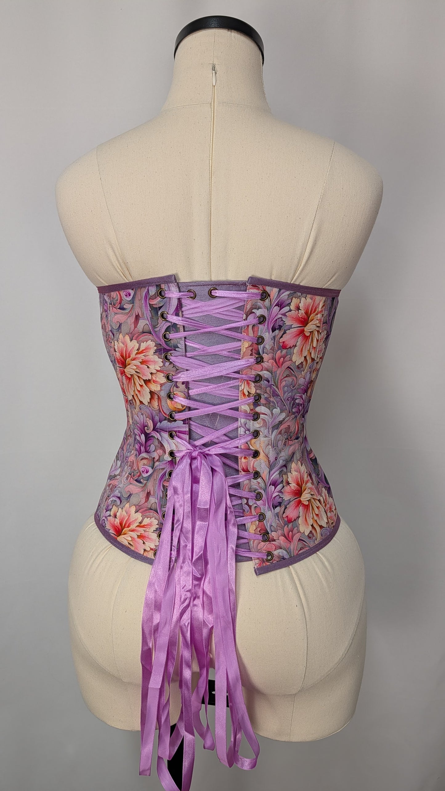 Purple and Orange Floral Steel Boned Demi Bust Overbust