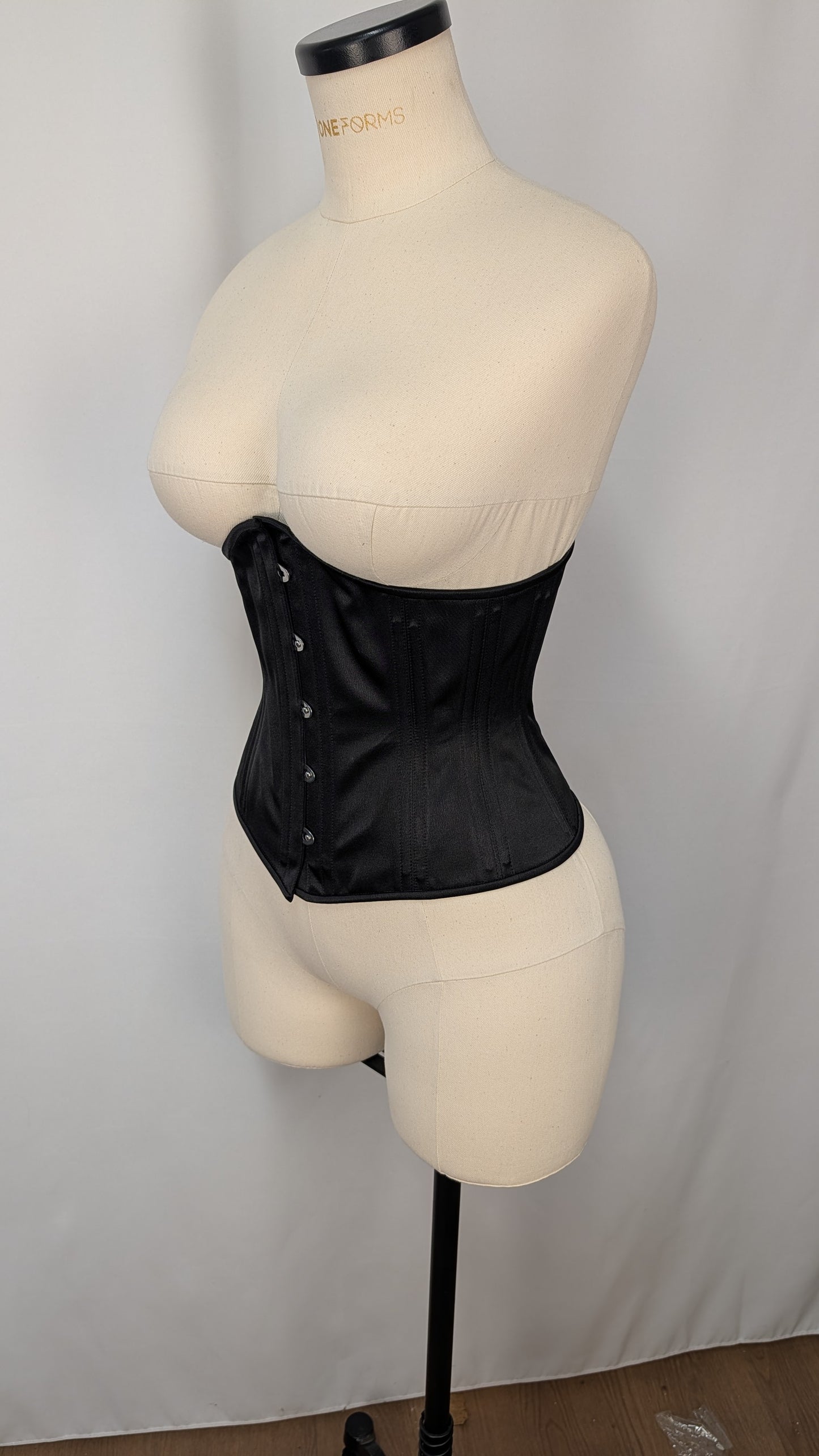 Black Satin Steel Boned Low Curve Mid Hip Underbust Corset