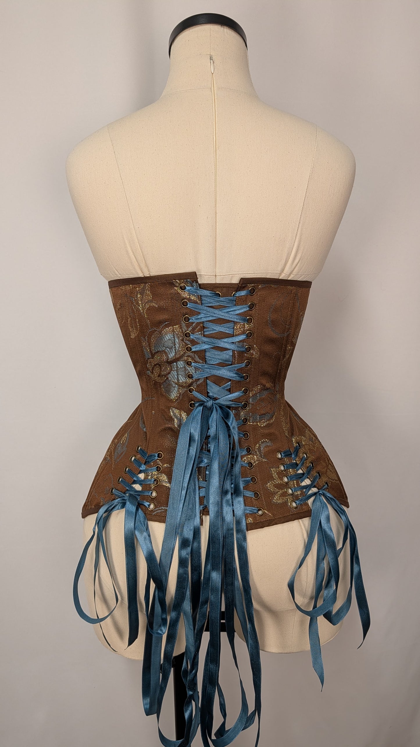 Brown Gold Teal Jacquard Steel Boned Low Hip Edwardian Underbust Corset