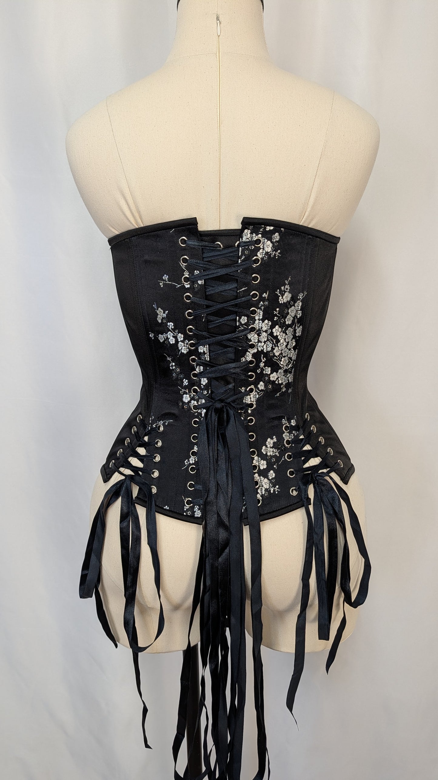 Black and Silver Cherry Blossom Brocade Laced Bust Overbust Corset