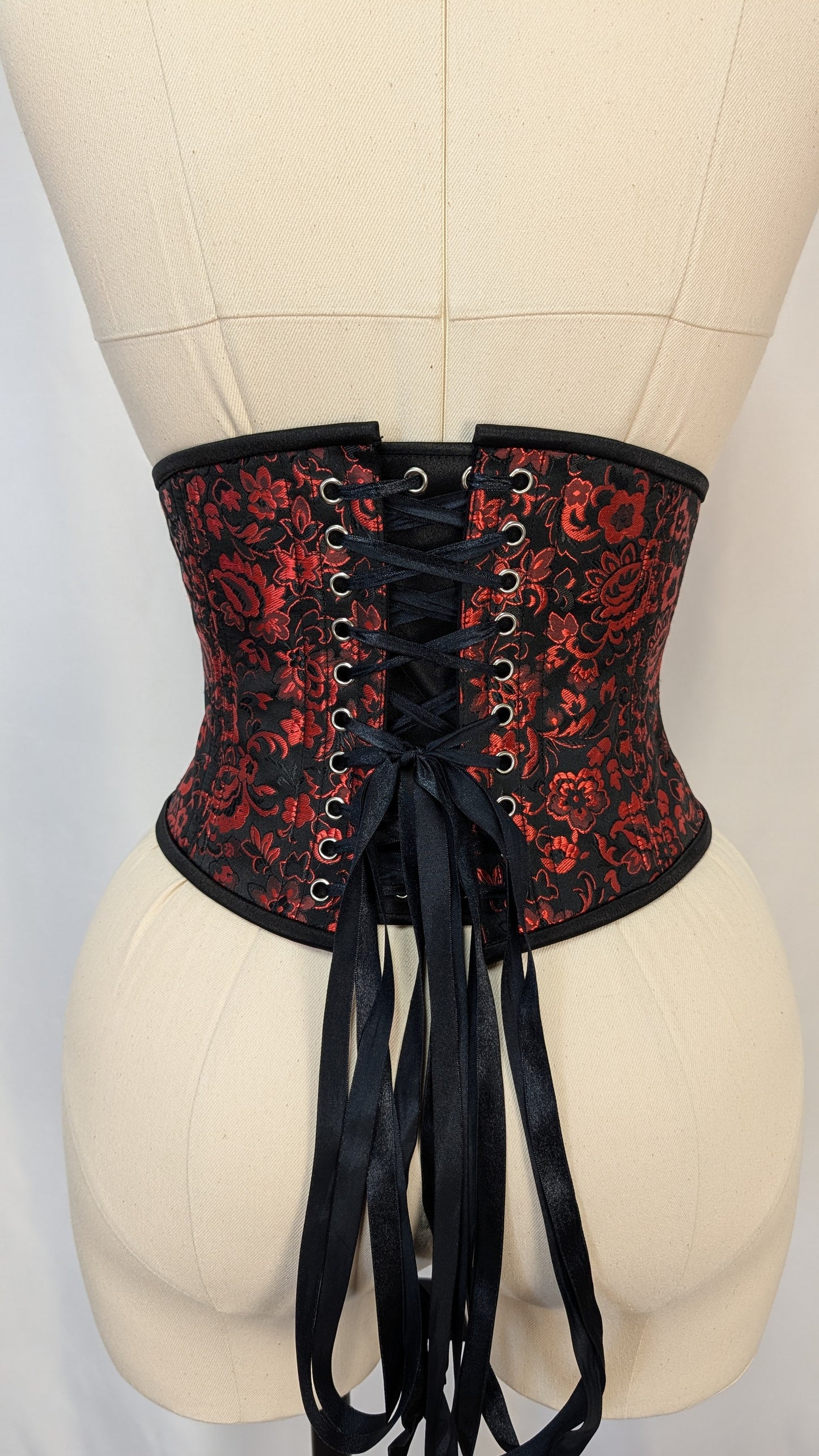 Red Black Floral Brocade Low Curve Waspie Underbust