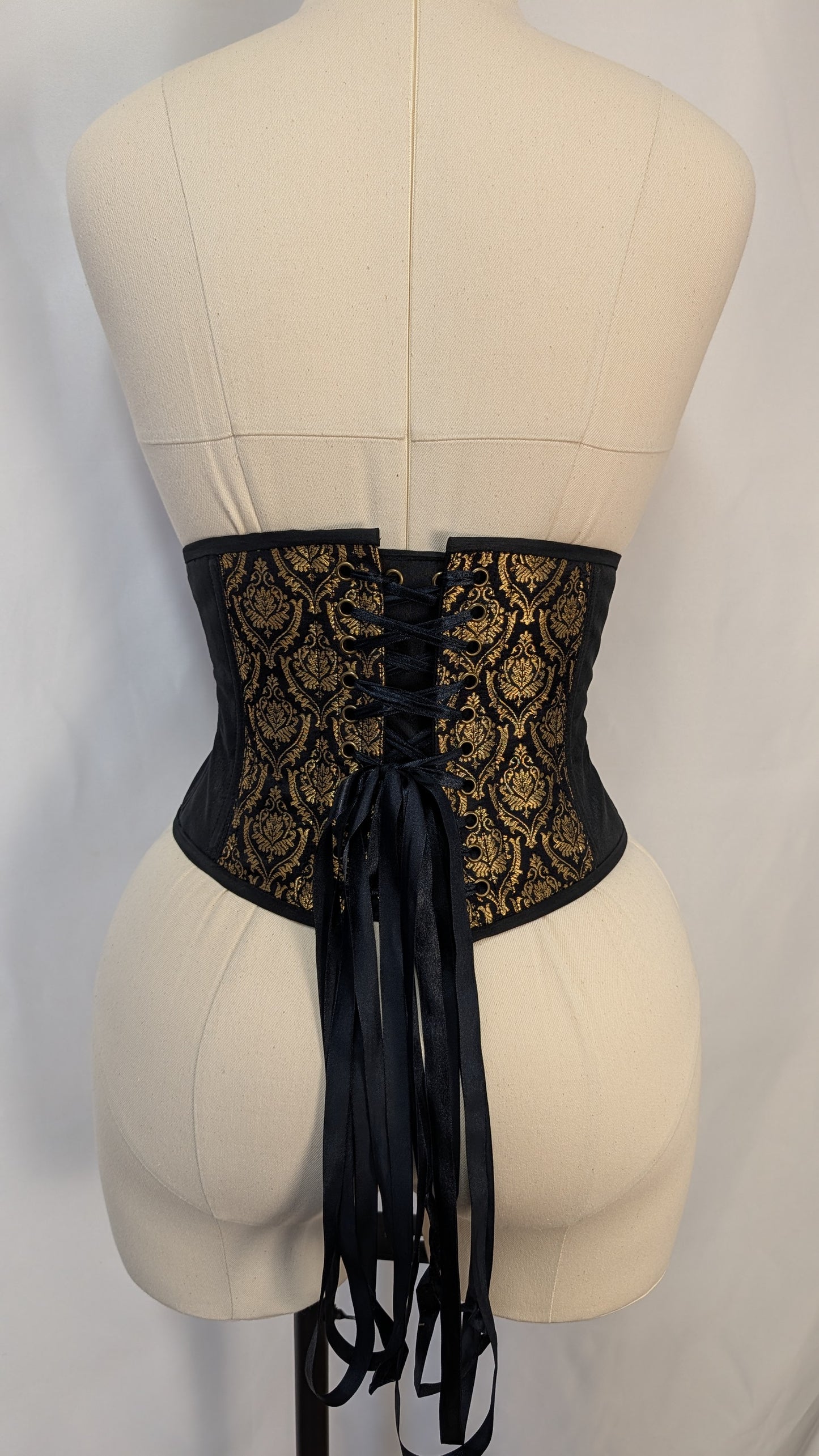 Black and Gold Silk Jacquard Shields Low Curve Waspie Underbust