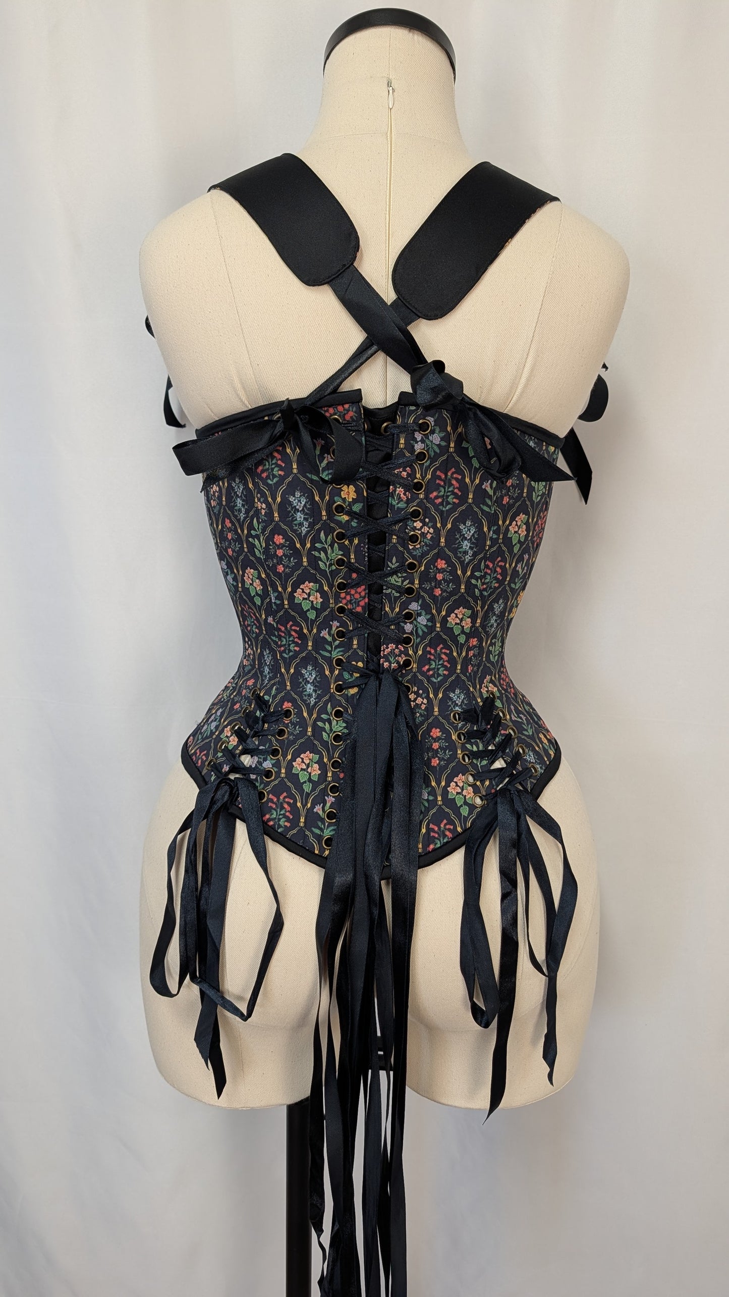 Black Framed Flowers Goblincore Front Lacing Bodice Corset