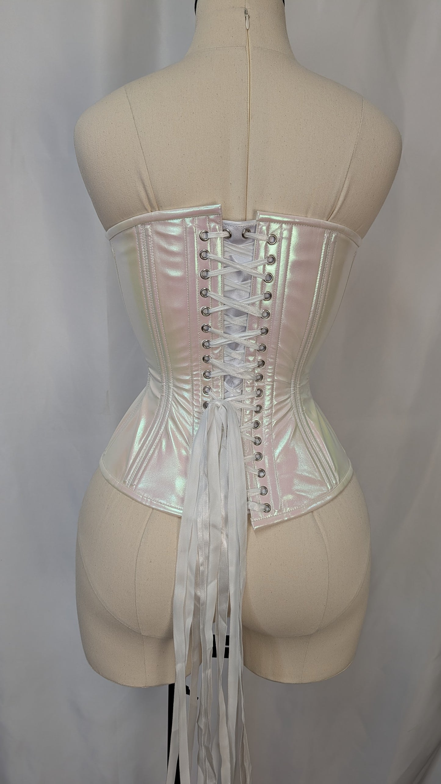 White Iridescent Vinyl Steel Boned Standard Bust Overbust Corset