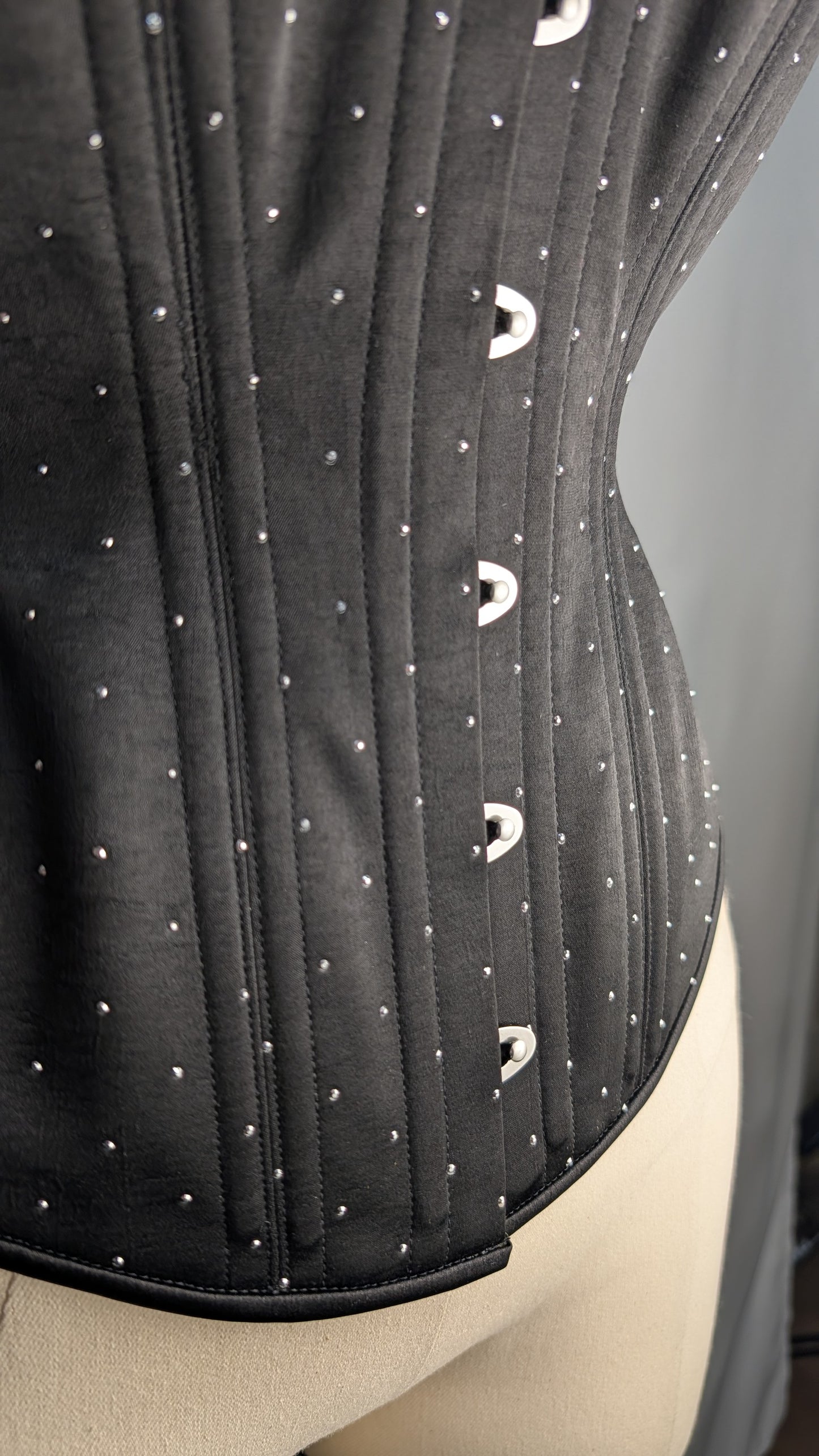 Black Rhinestone Satin Scoop Neck Steel Boned Overbust Corset