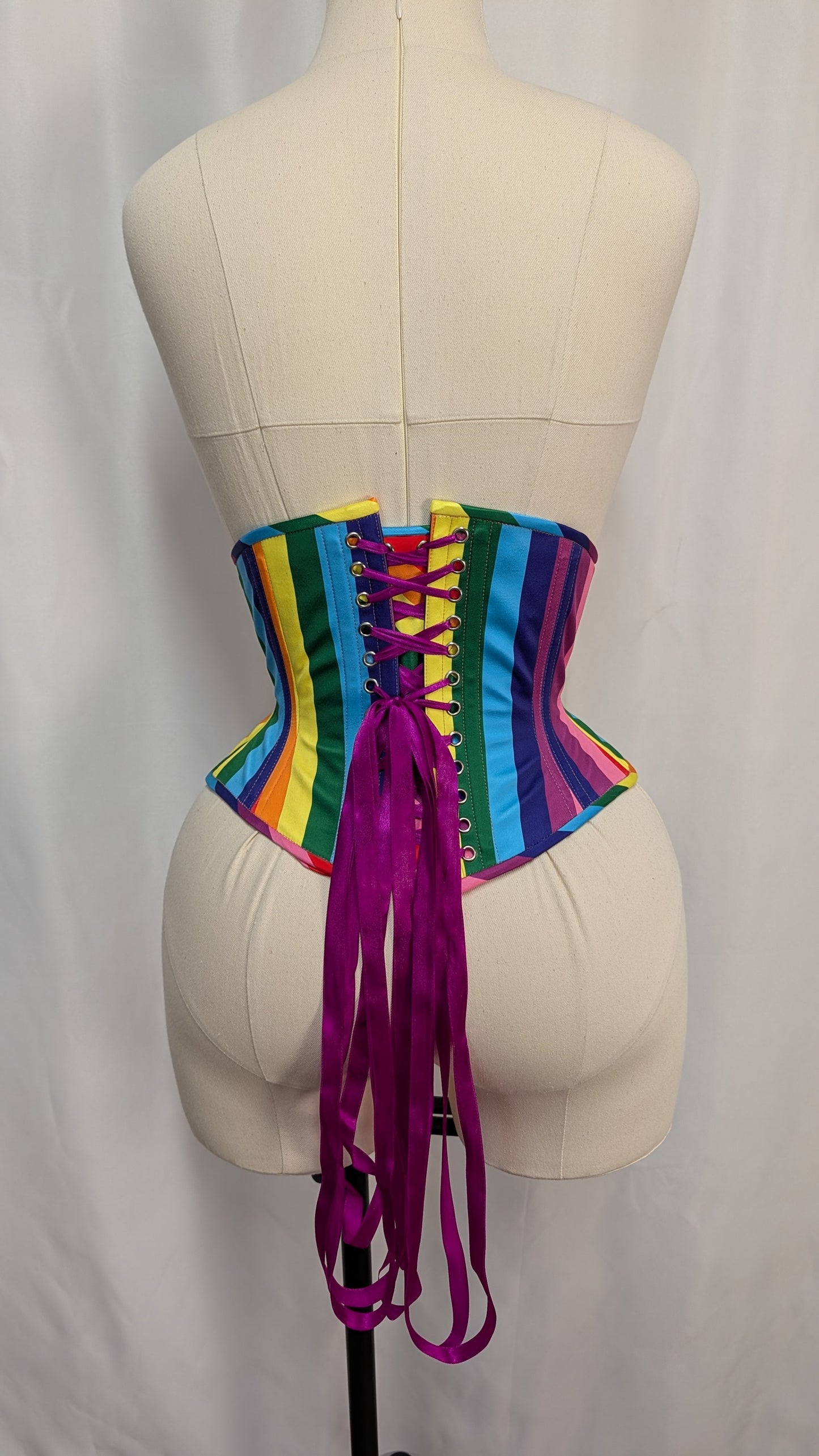 Rainbow Striped Satin Pride Steel Boned High Hip Underbust Corset