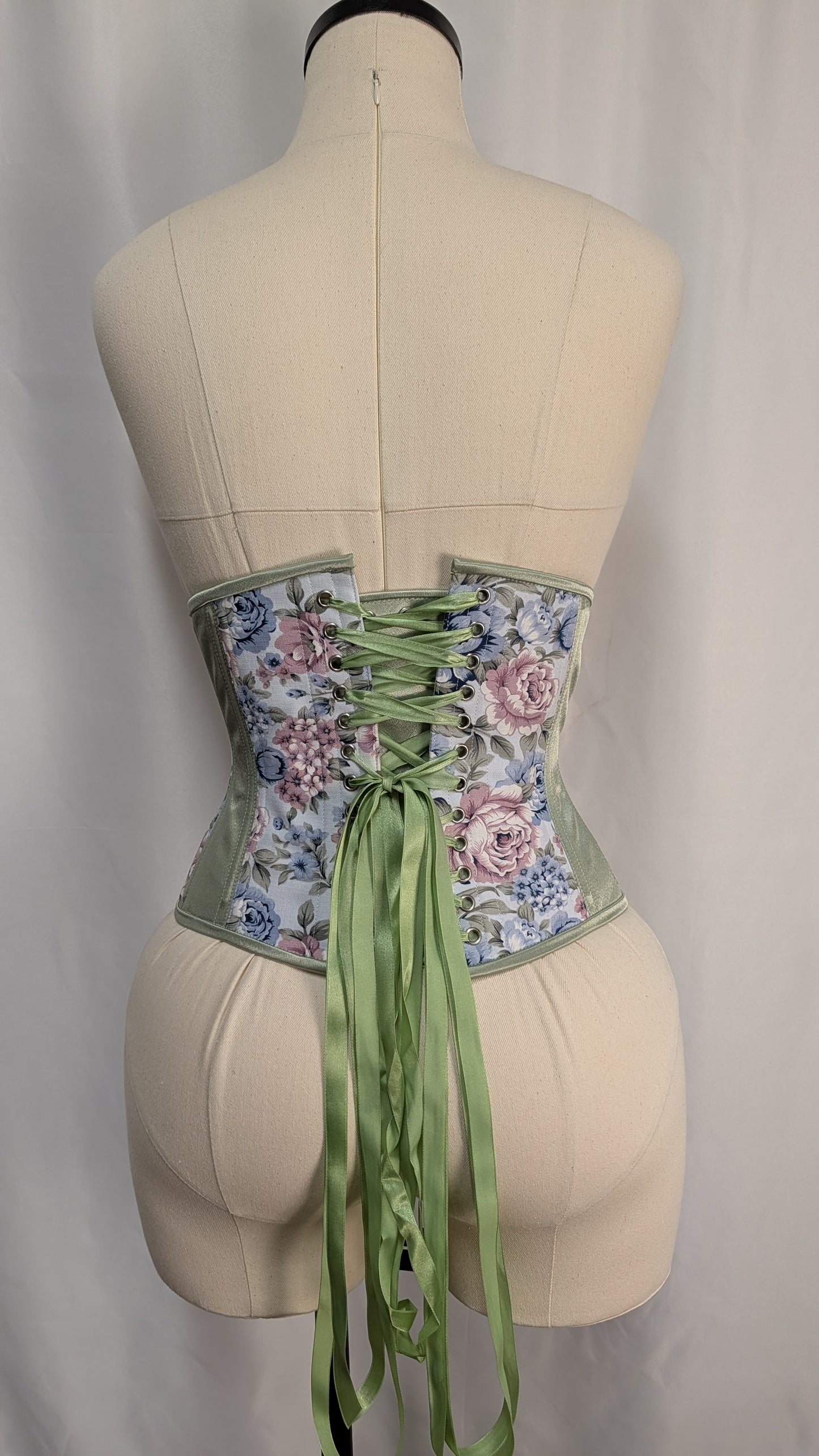 Blue and Sage Floral Steel Boned Low Curve Mid Hip Underbust Corset