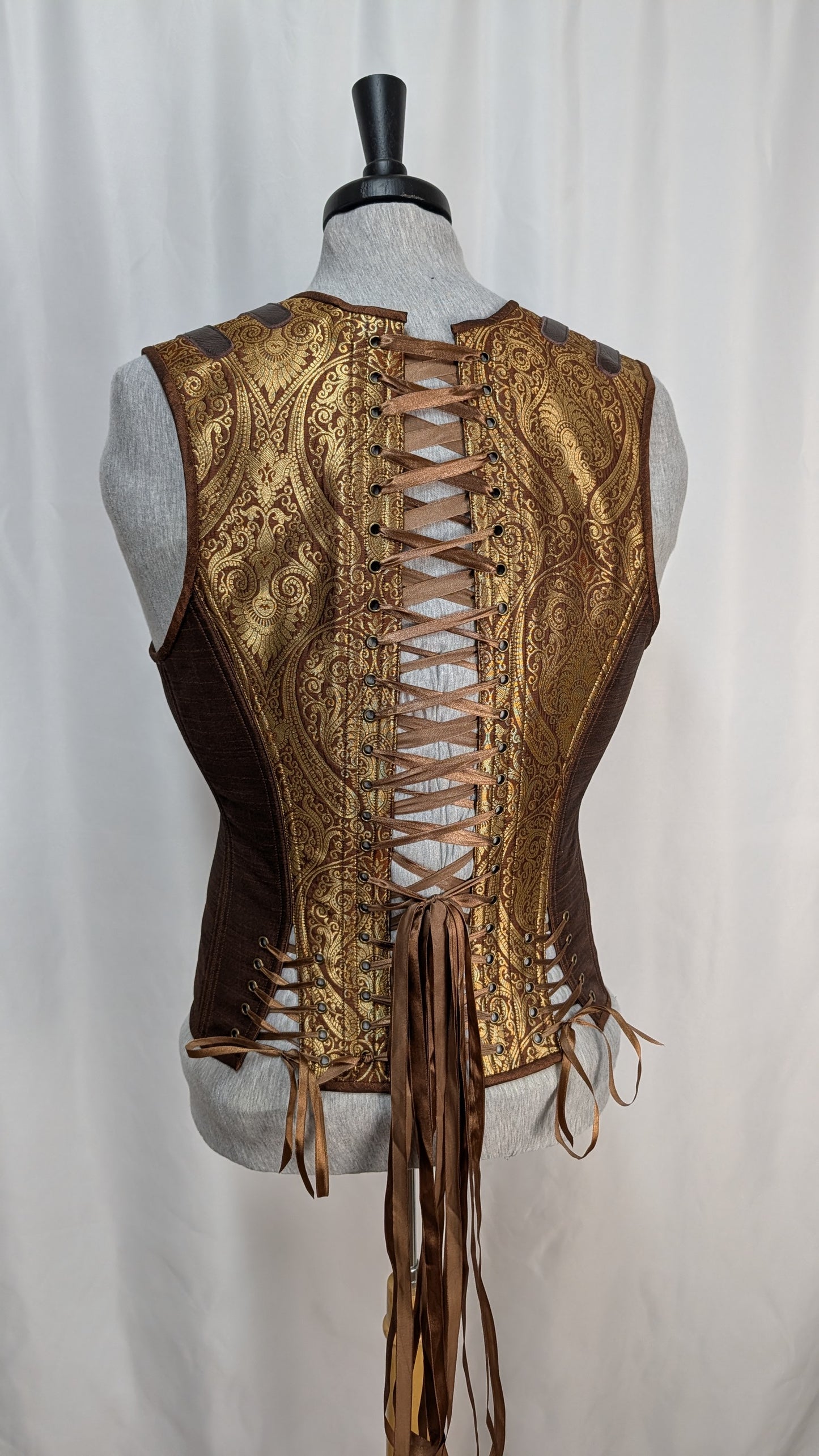 Brown Gold Damask Jacquard Adjustable Men's Corset Vest