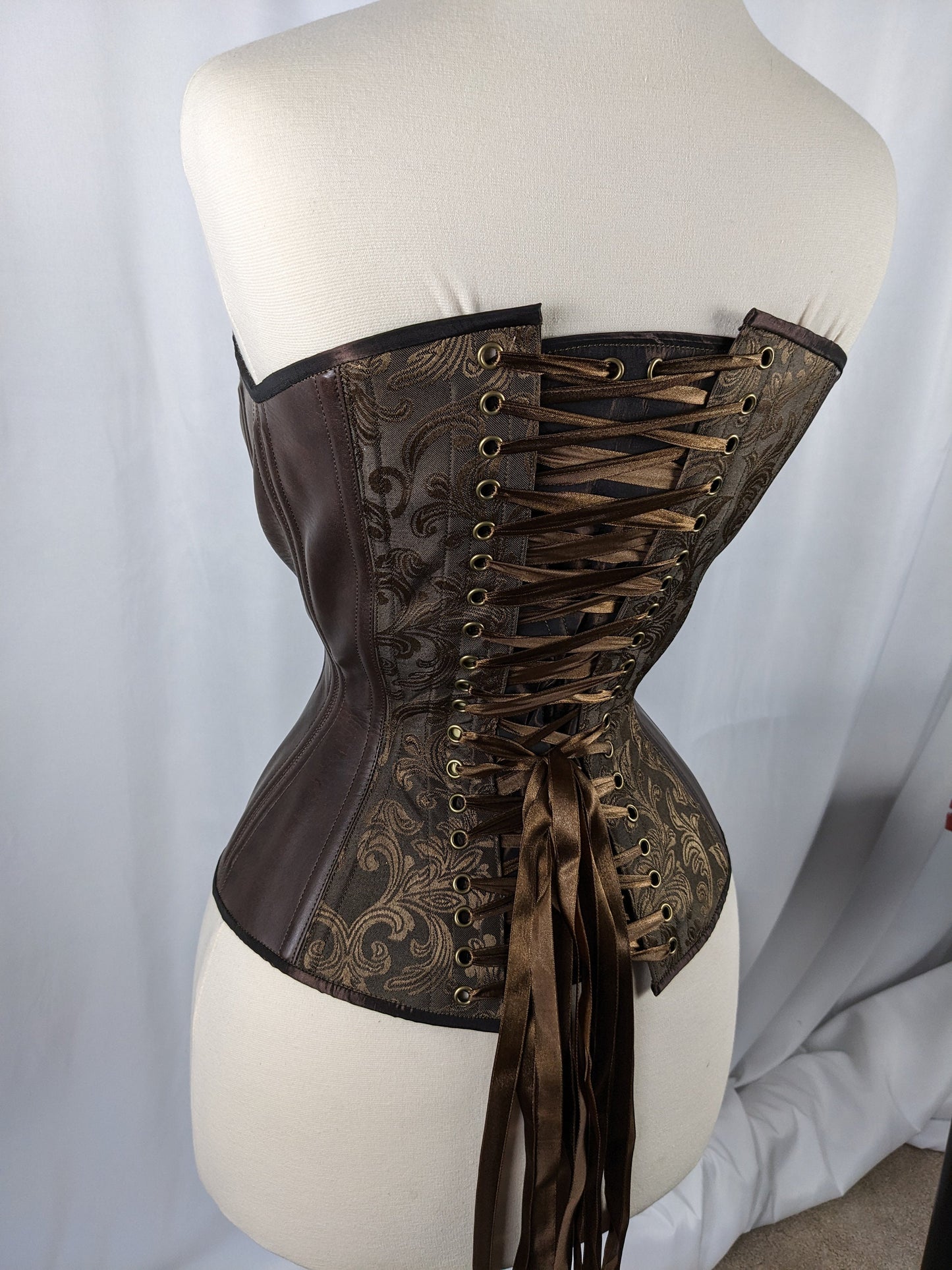 Brown Jacquard and Vinyl Steampunk Steel Boned Large Bust Overbust Corset