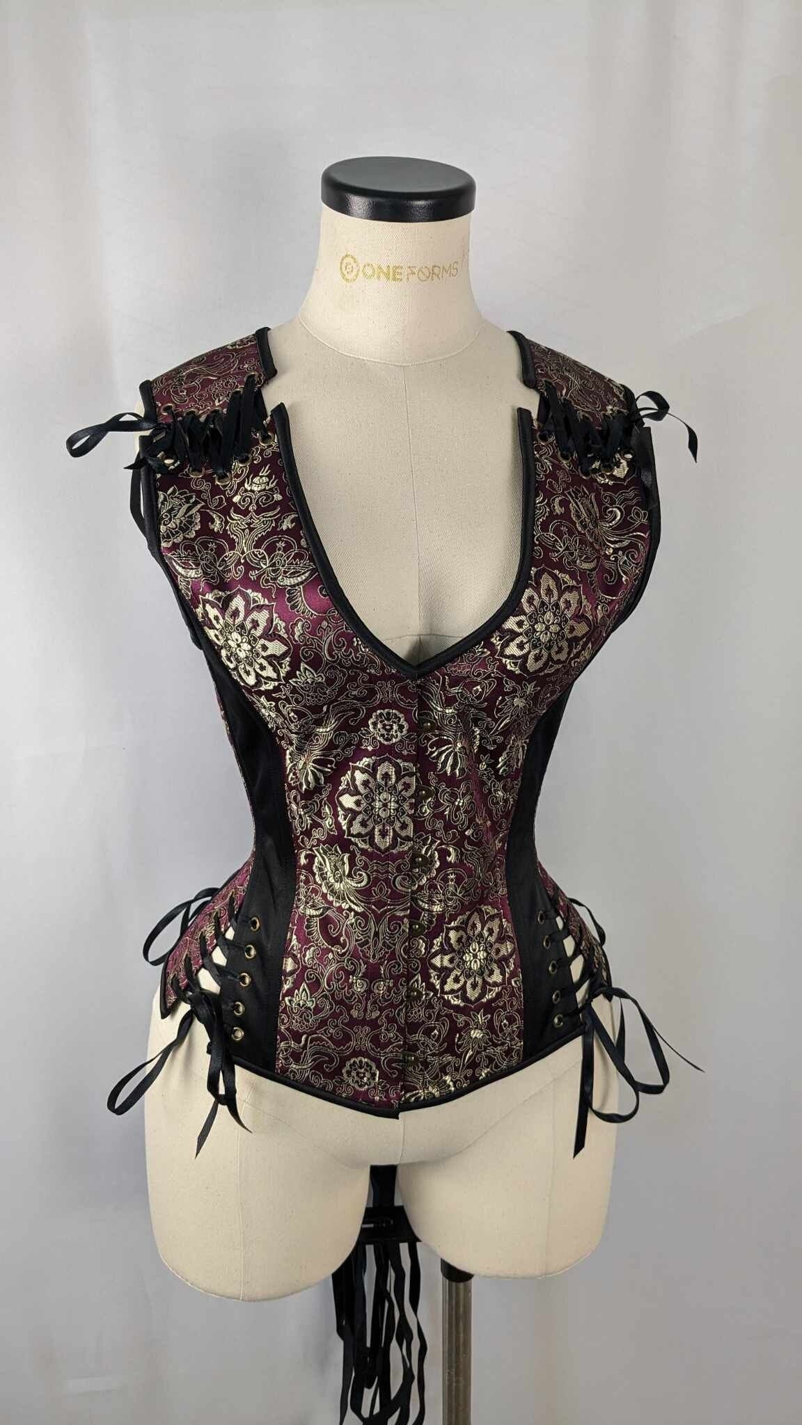 Maroon Gold and Black Brocade Androgynous Low Curve Corset Vest