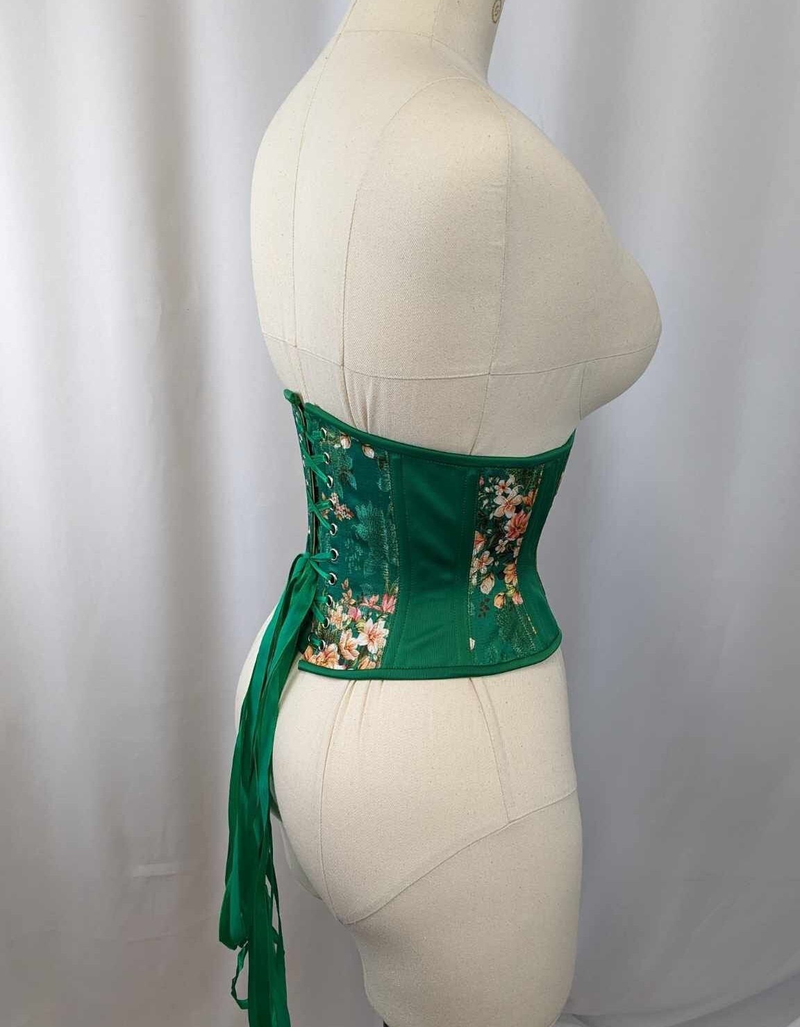 Green Floral Silk Steel Boned Waspie Underbust Corset