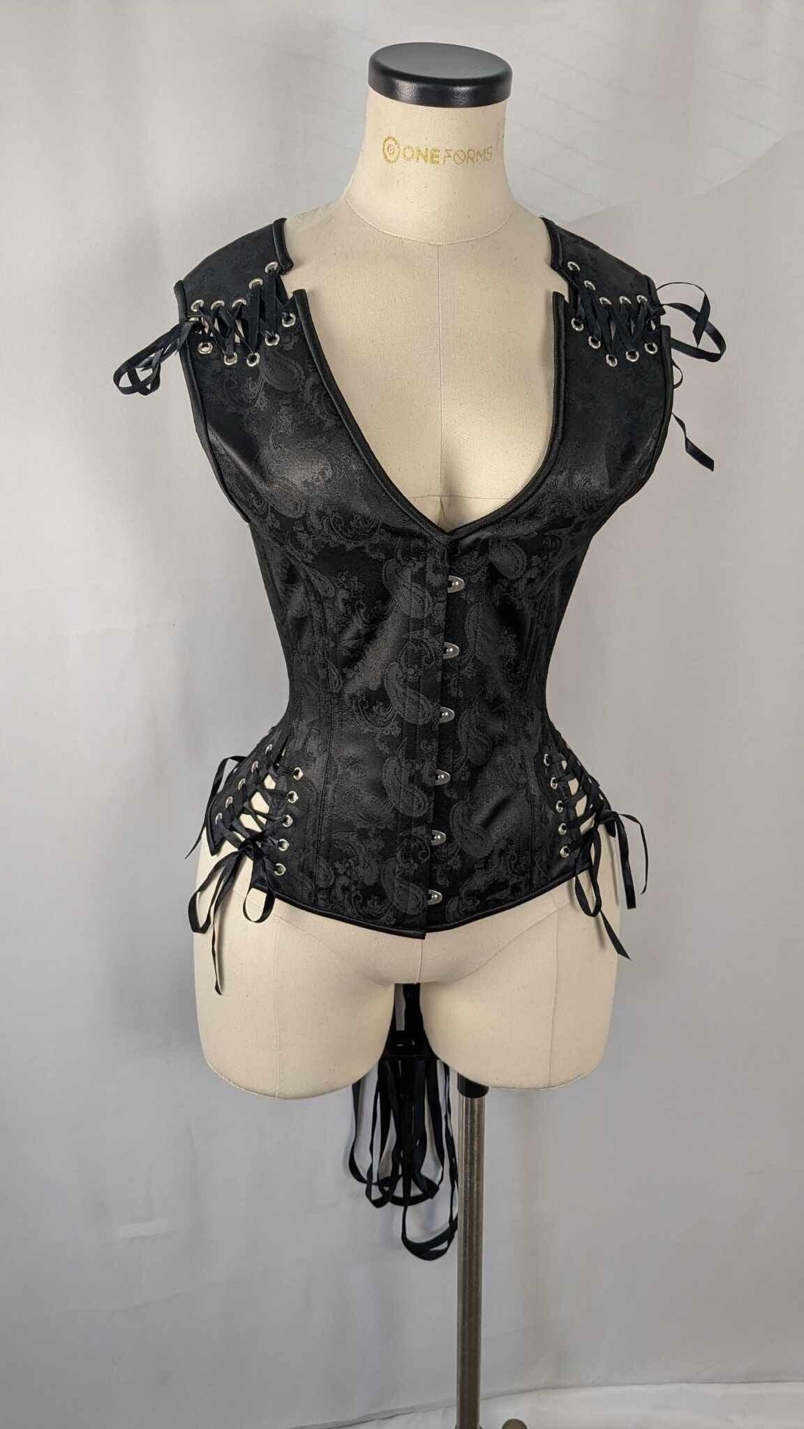 Black Brocade Androgynous Low Curve Corset Vest