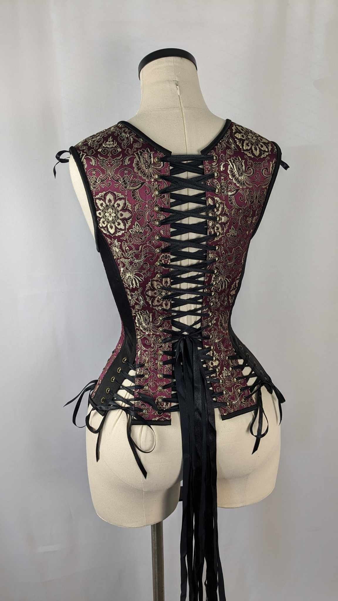 Maroon Gold and Black Brocade Androgynous Low Curve Corset Vest