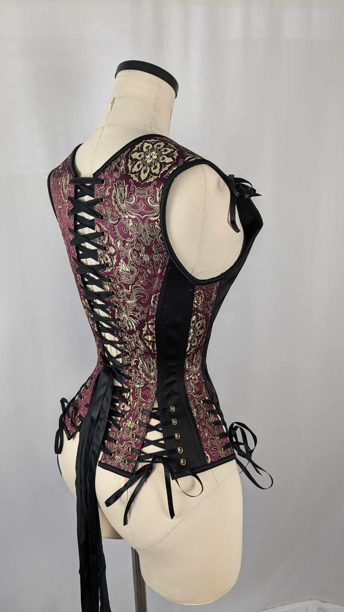 Maroon Gold and Black Brocade Androgynous Low Curve Corset Vest