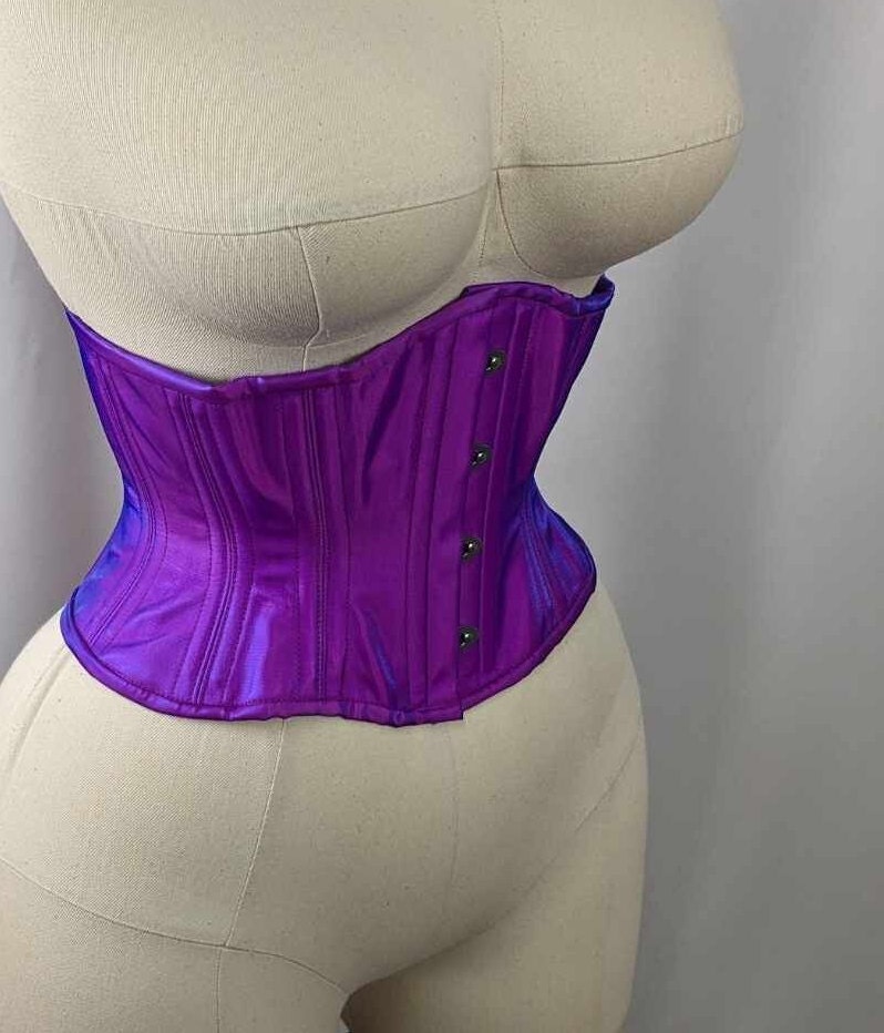 Fuschia and Blue Warp Satin Steel Boned Waspie Underbust Corset
