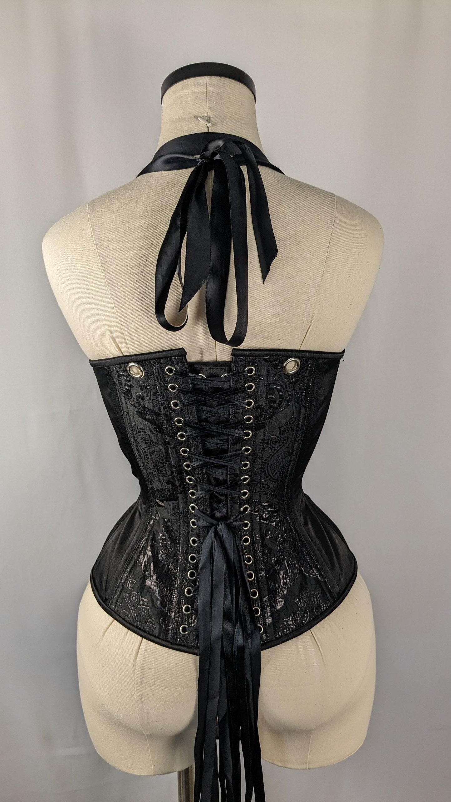 Black Metallic Jacquard Scoop Neck Steel Boned Overbust Corset