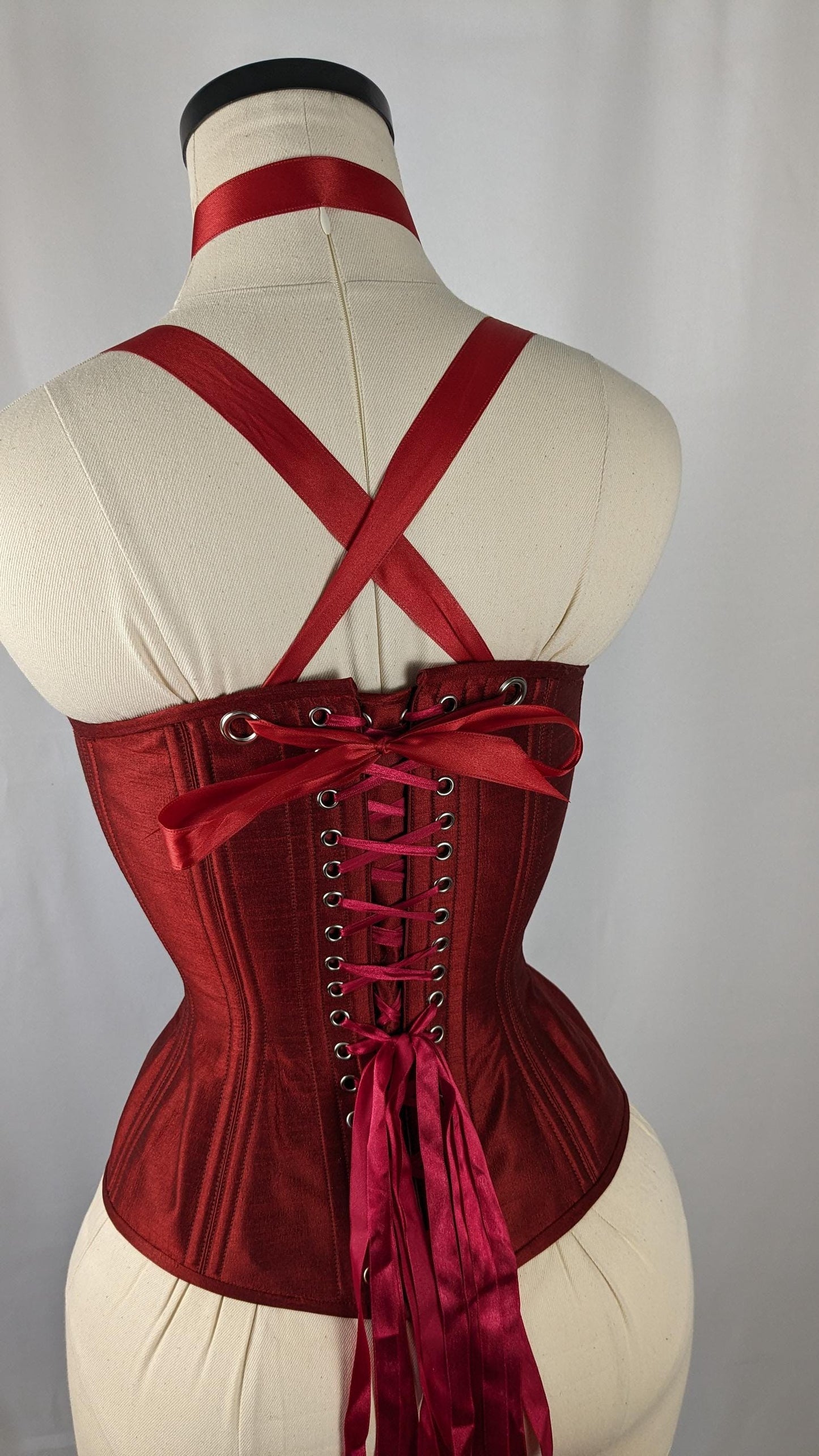 Red Silk Scoop Neck Steel Boned Overbust Corset
