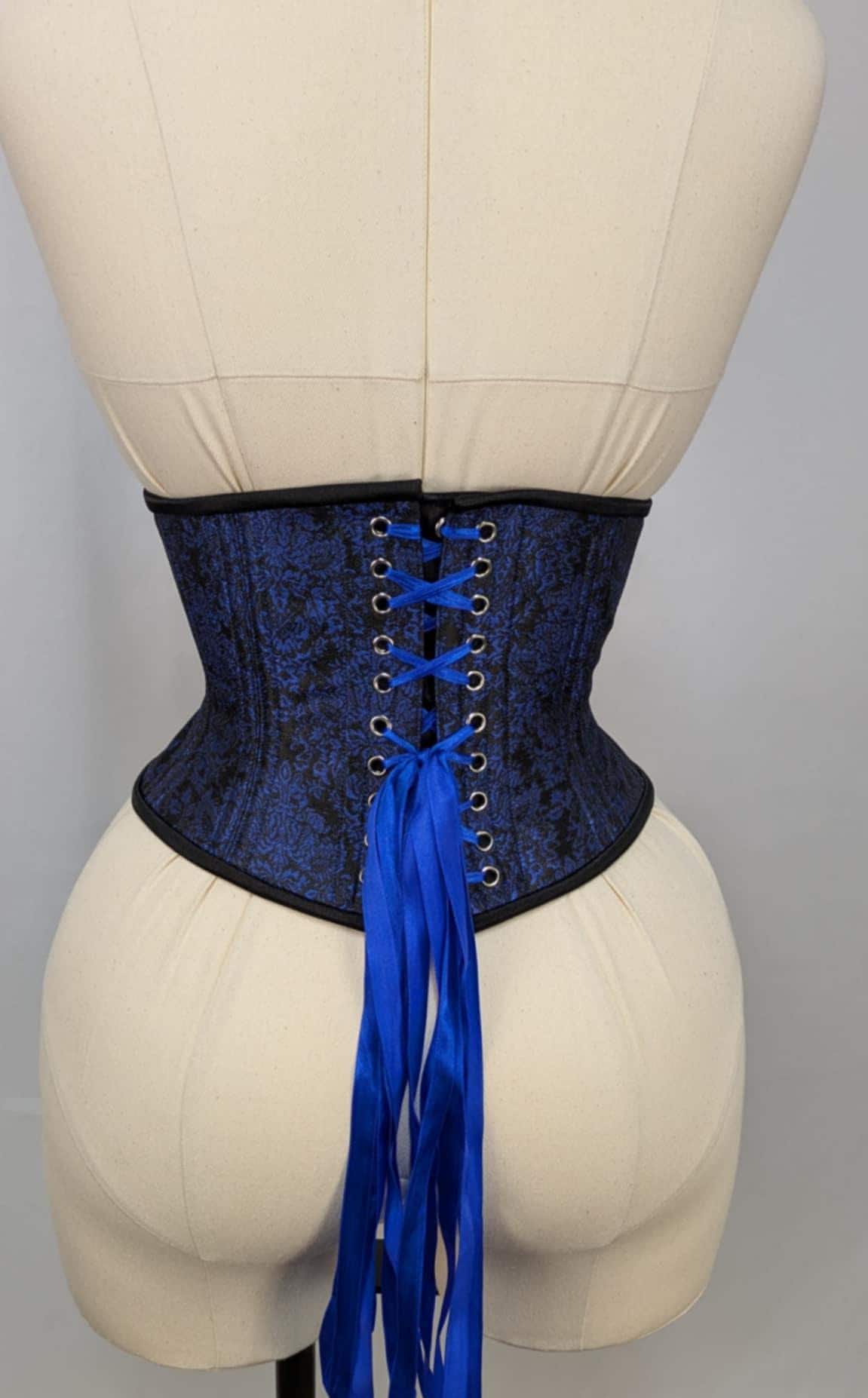 Black and Blue Damask Steel Boned Waspie Underbust Corset