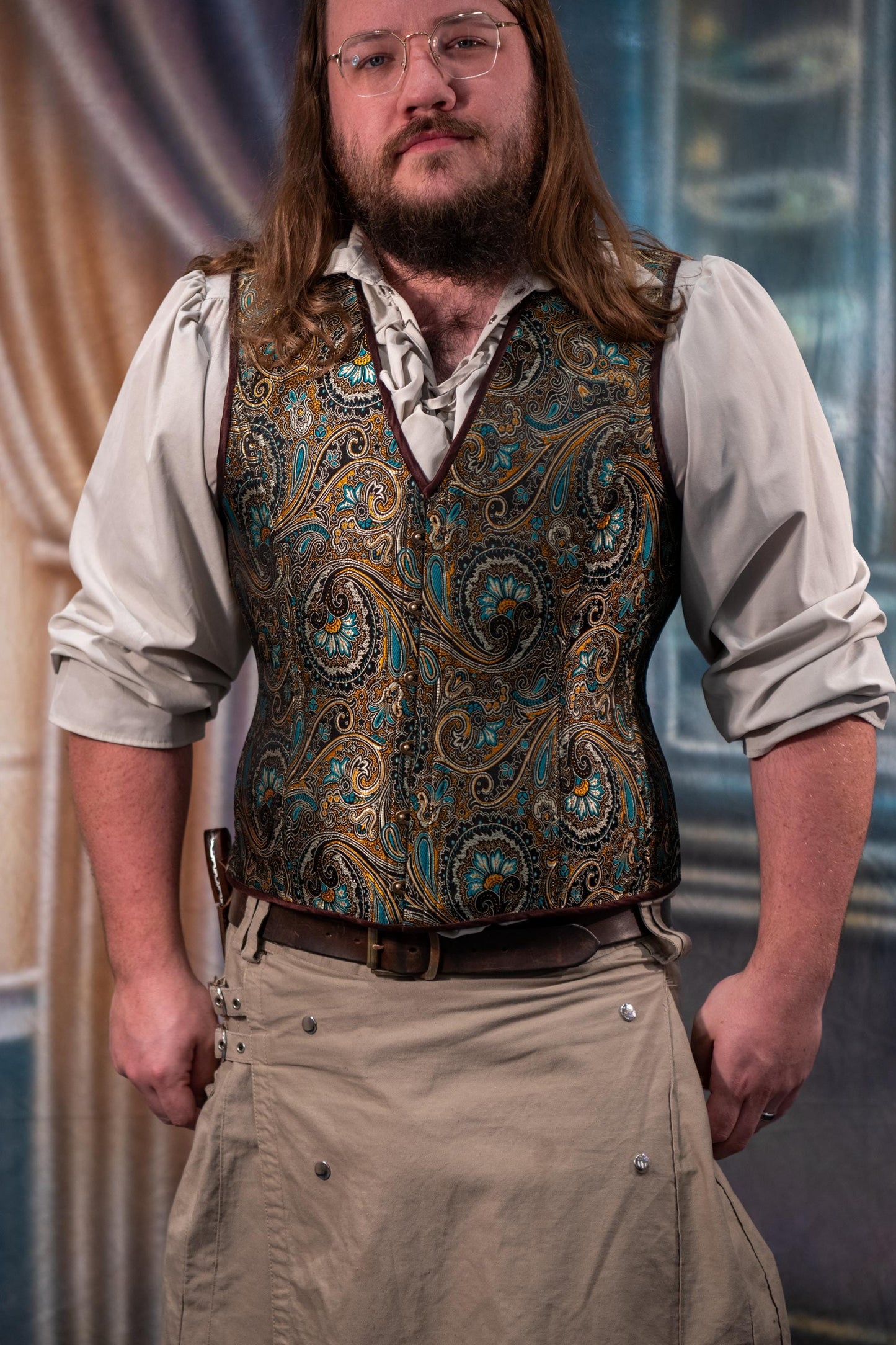 Copper & Teal Paisley Brocade Masculine Men's Corset Vest