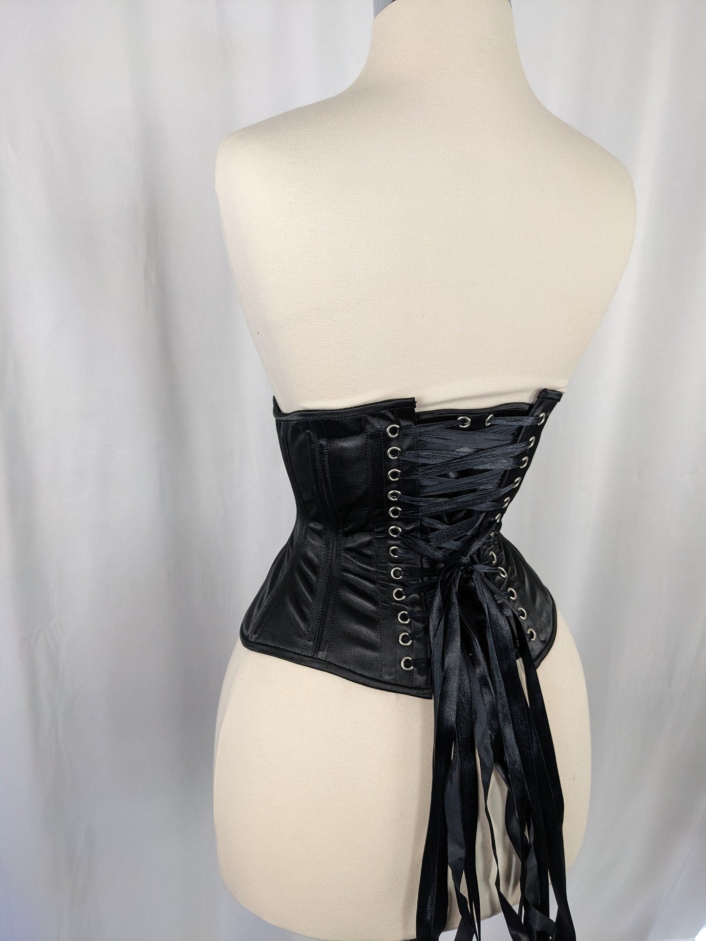 Black Satin Steel Boned Mid Hip Underbust Corset