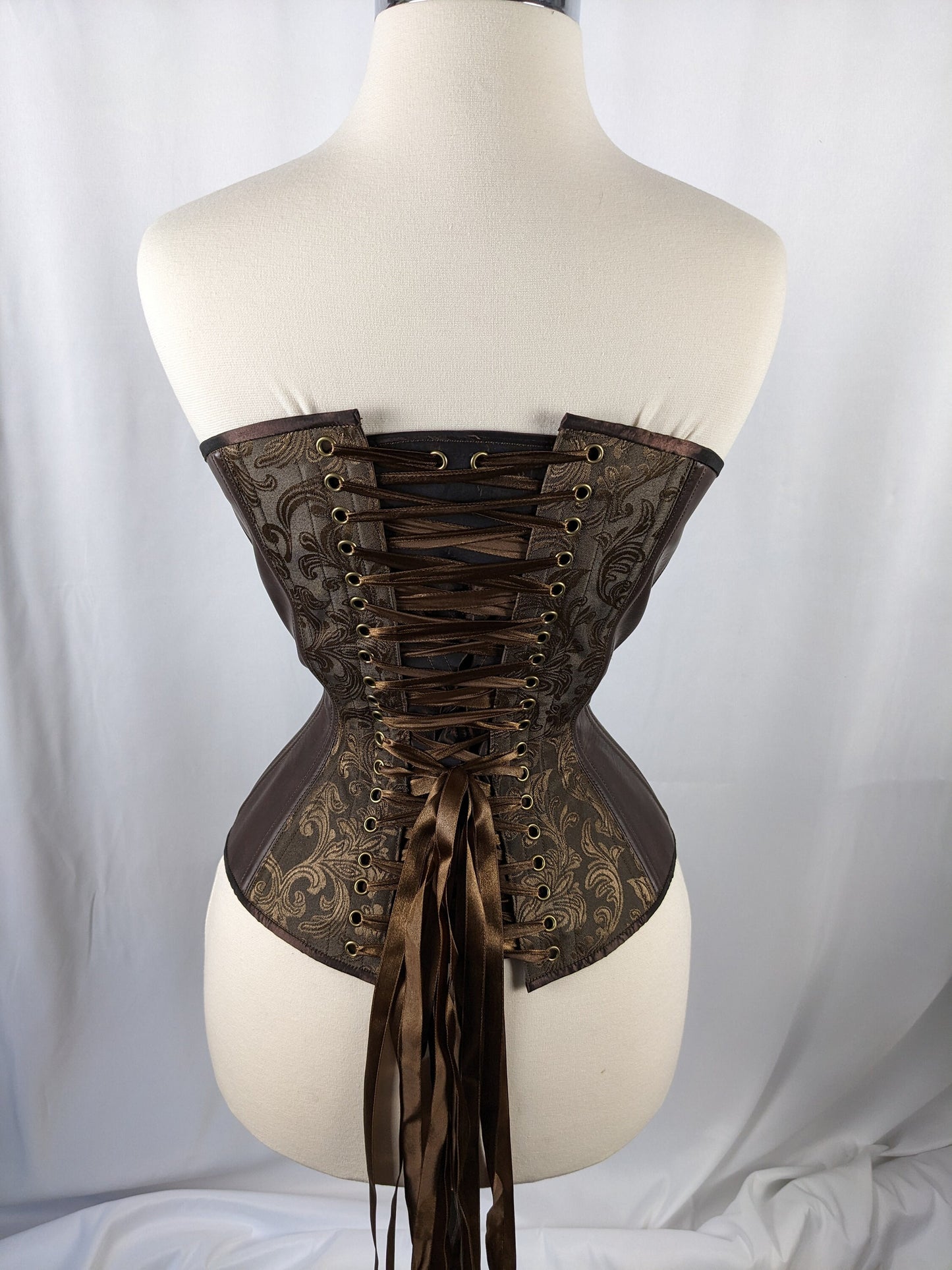 Brown Jacquard and Vinyl Steampunk Steel Boned Large Bust Overbust Corset