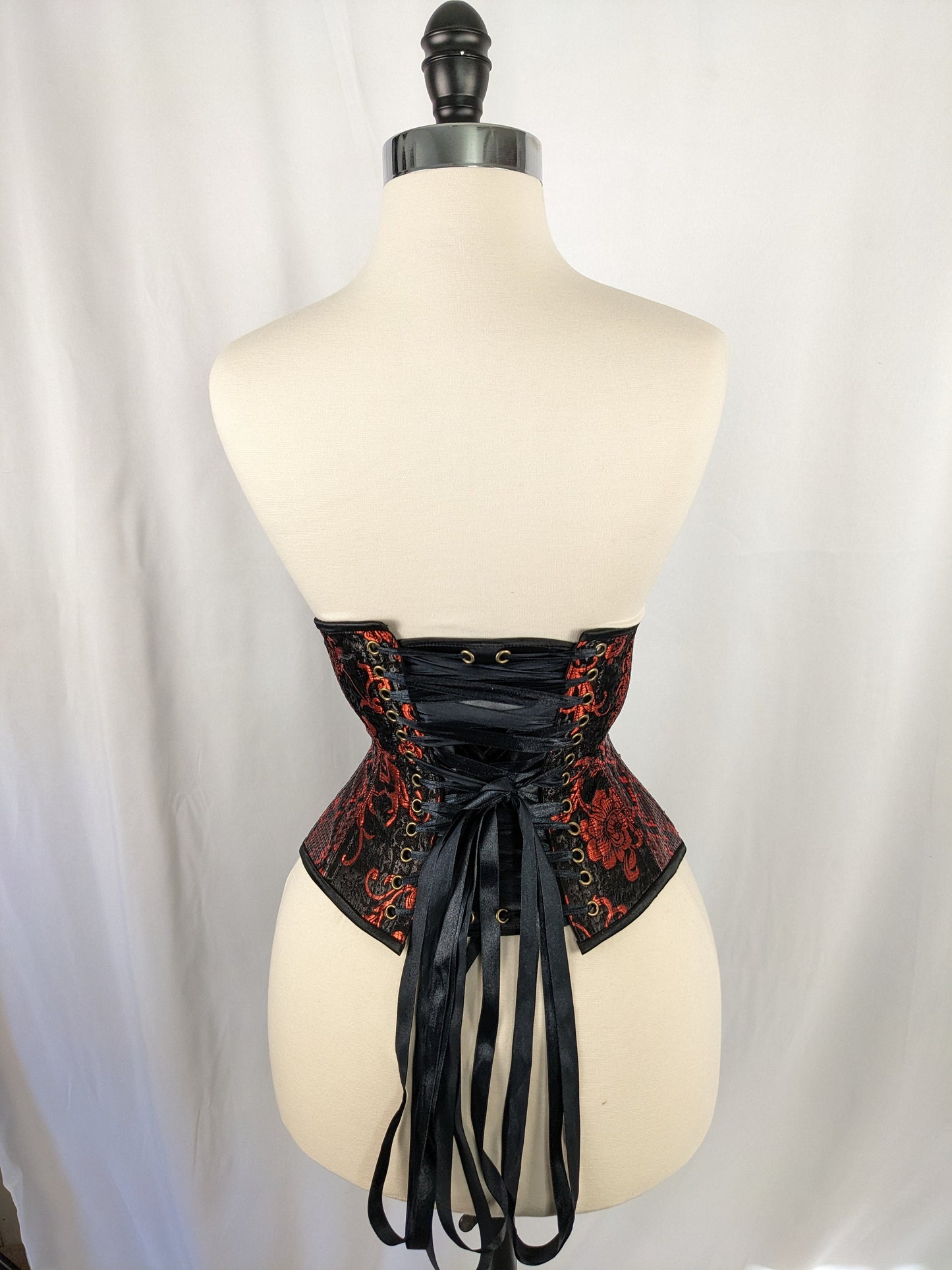 Red and Black Vinyl and Brocade Steel Boned Mid Hip Underbust Corset