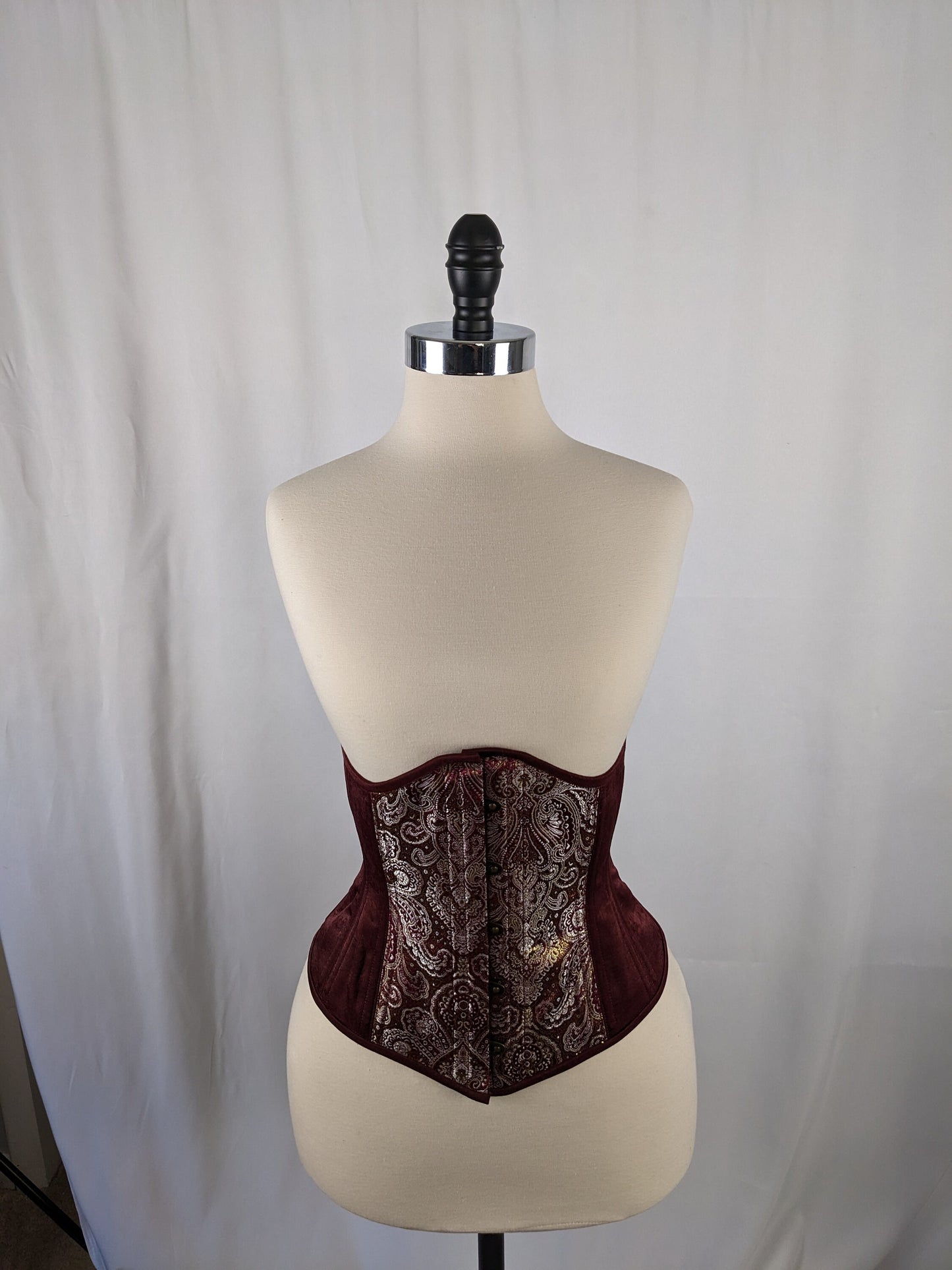 Burgundy Silver and Gold Brocade and Satin Steel Boned Low Curve Mid Hip Underbust Corset