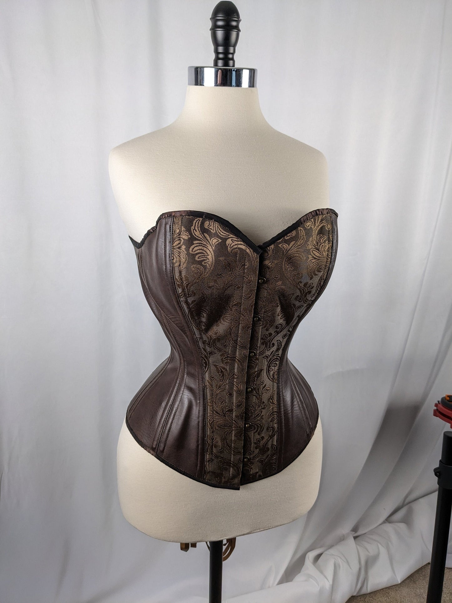 Brown Jacquard and Vinyl Steampunk Steel Boned Large Bust Overbust Corset