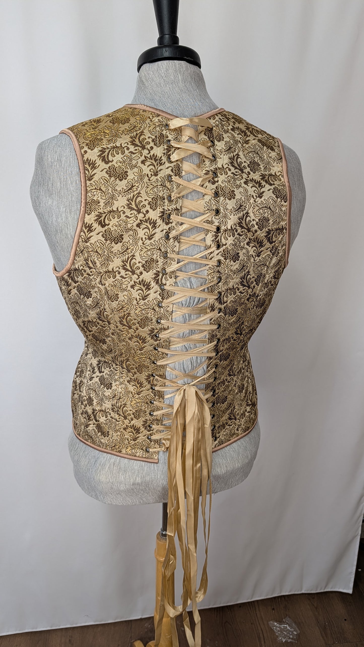 Gold and Brown Silk Floral Jacquard Masculine Men's Corset Vest