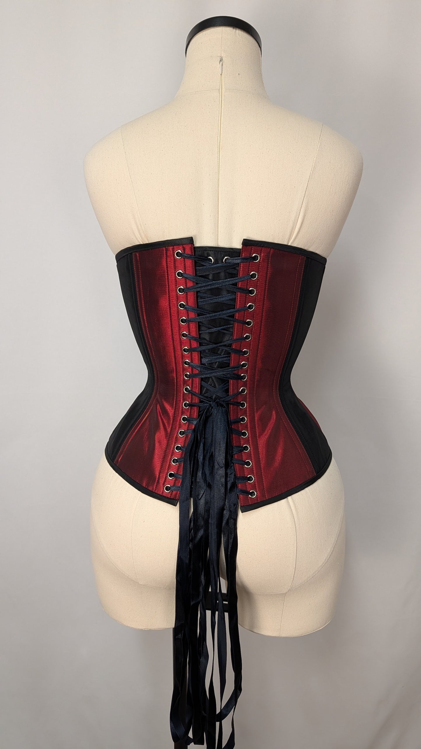 Burgundy and Black Panel Shantung Steel Boned Standard Bust Overbust Corset