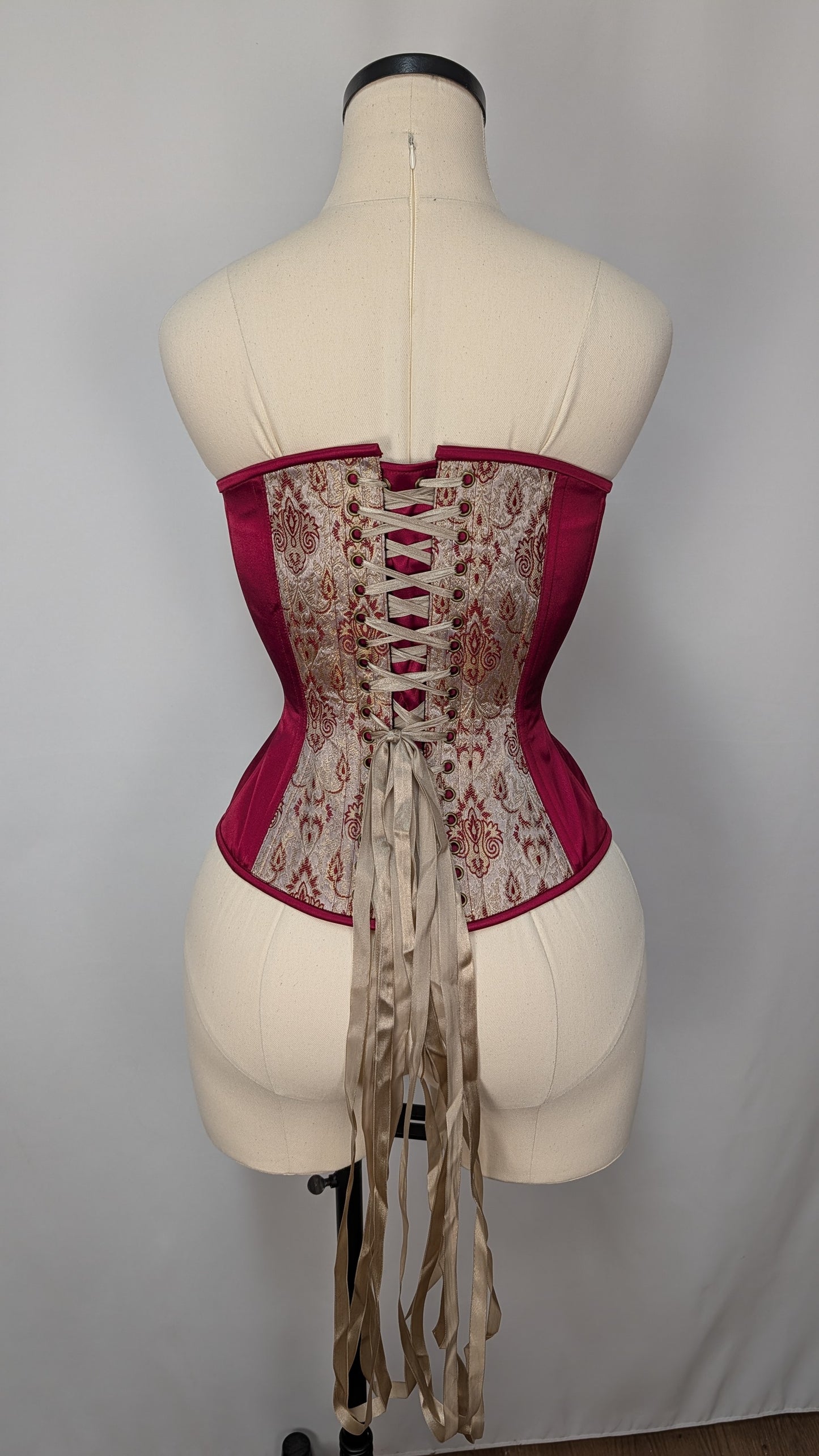 Burgundy and Gray Damask Silk Steel Boned Standard Bust Overbust Corset