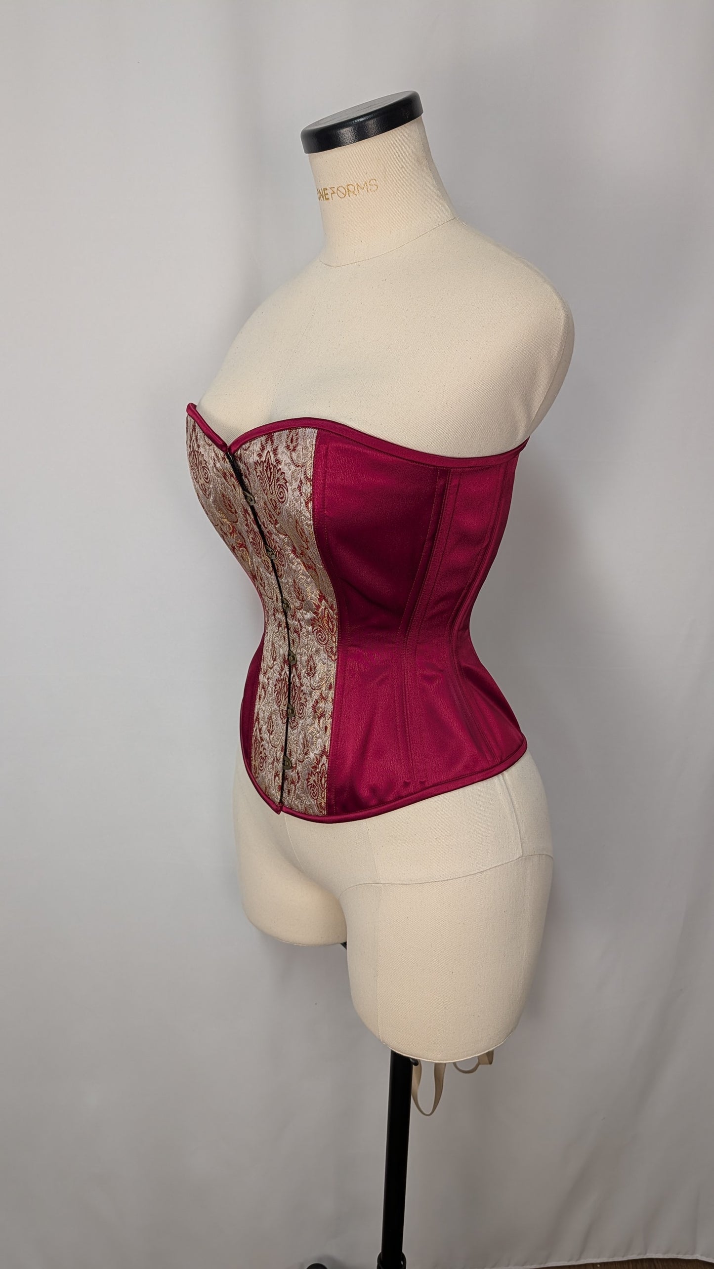 Burgundy and Gray Damask Silk Steel Boned Standard Bust Overbust Corset
