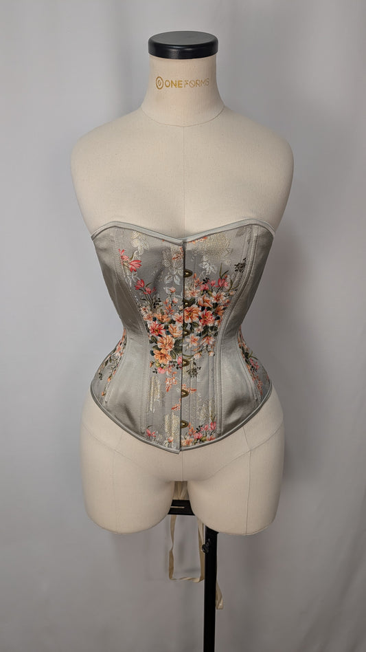 Light Gray Floral Silk Steel Boned Standard Bust Overbust Corset