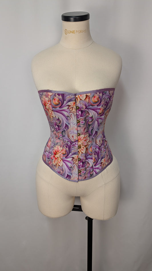 Purple and Orange Floral Steel Boned Demi Bust Overbust