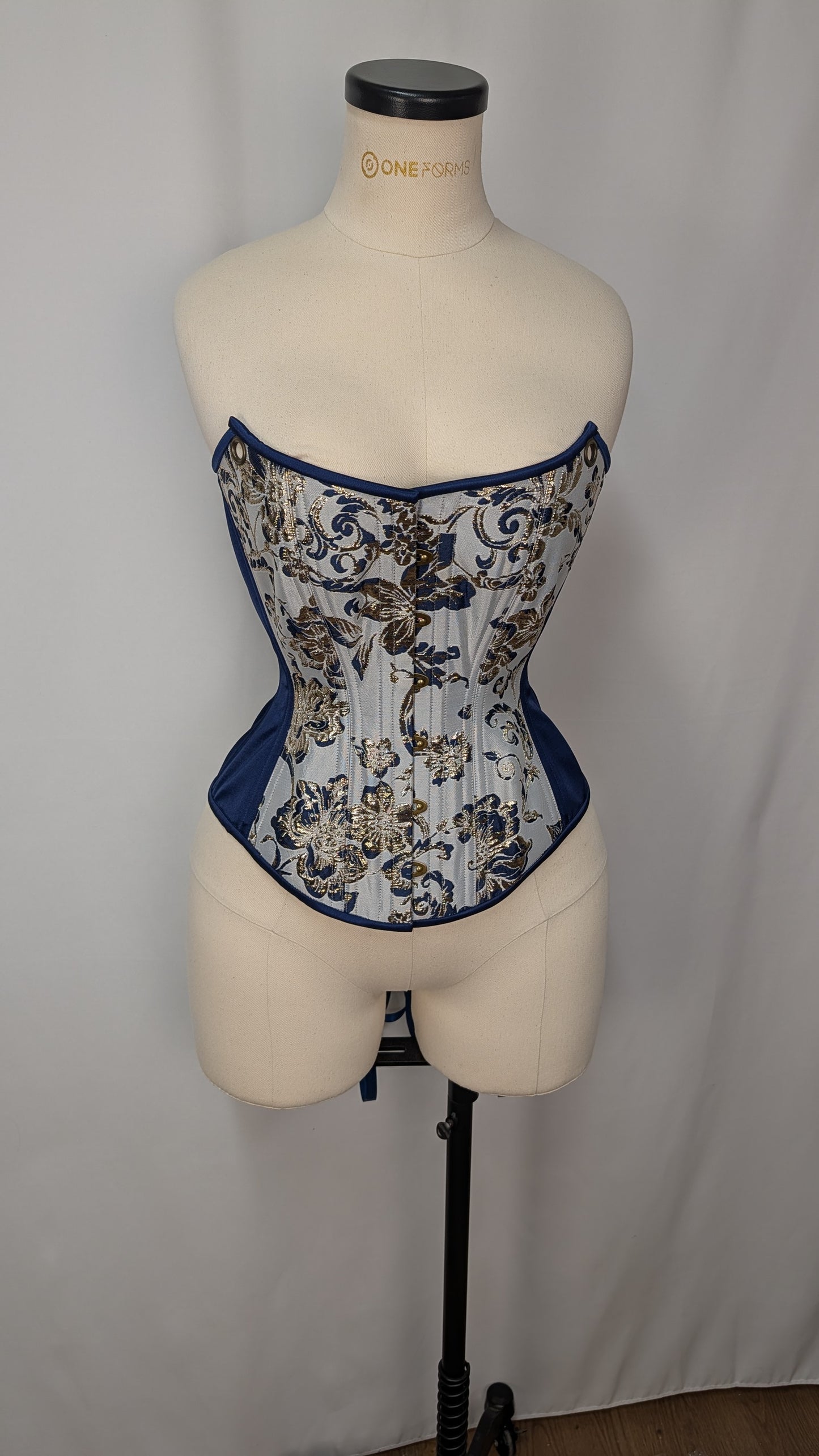 Navy and Gold Silk Jacquard Scoop Neck Steel Boned Overbust Corset