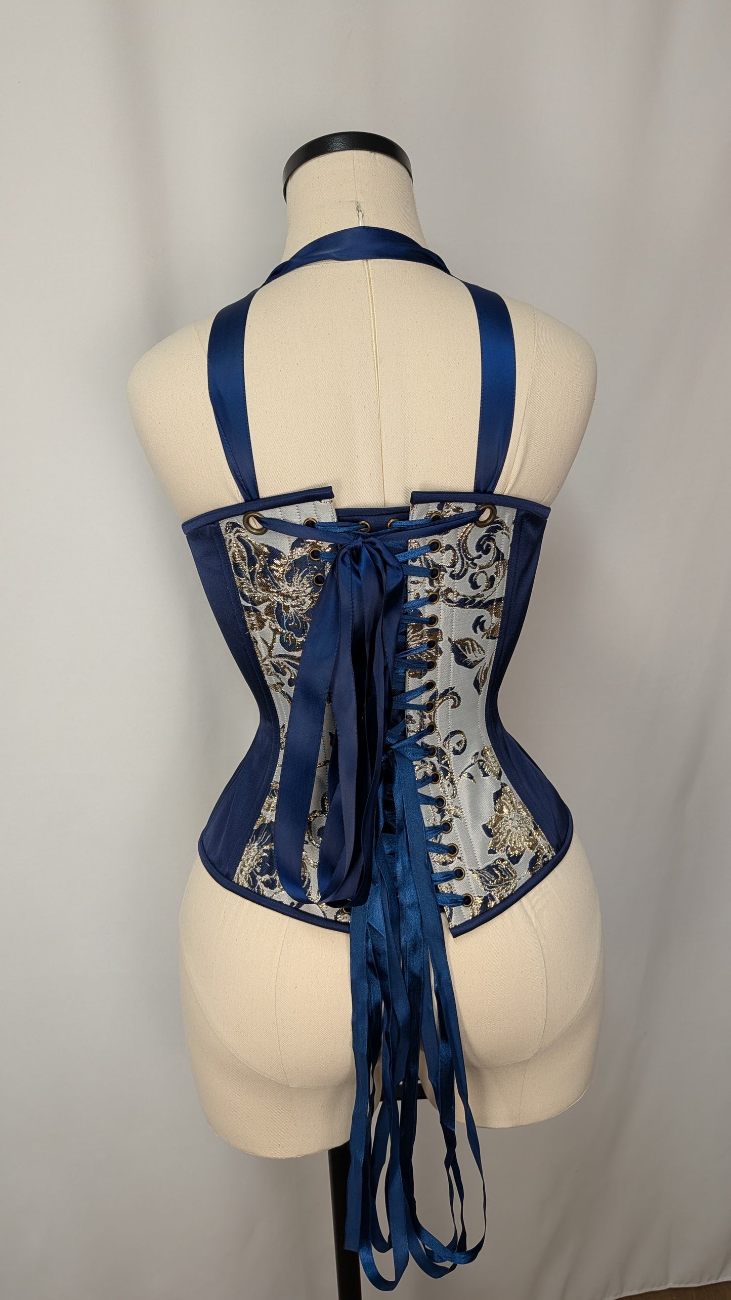Navy and Gold Silk Jacquard Scoop Neck Steel Boned Overbust Corset