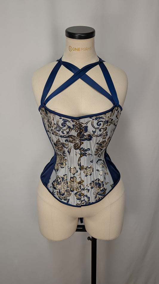 Navy and Gold Silk Jacquard Scoop Neck Steel Boned Overbust Corset