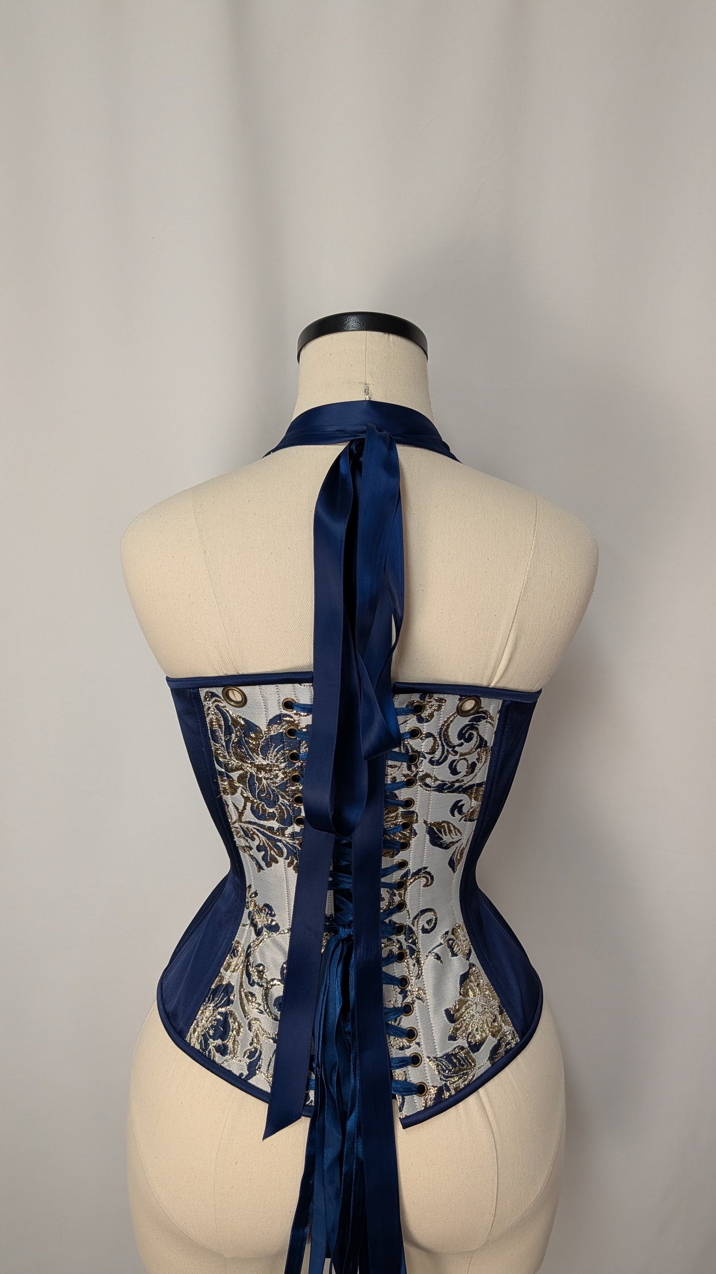Navy and Gold Silk Jacquard Scoop Neck Steel Boned Overbust Corset