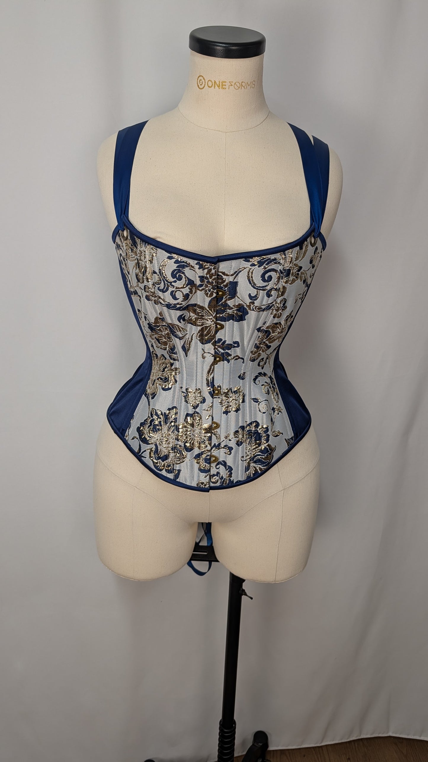 Navy and Gold Silk Jacquard Scoop Neck Steel Boned Overbust Corset