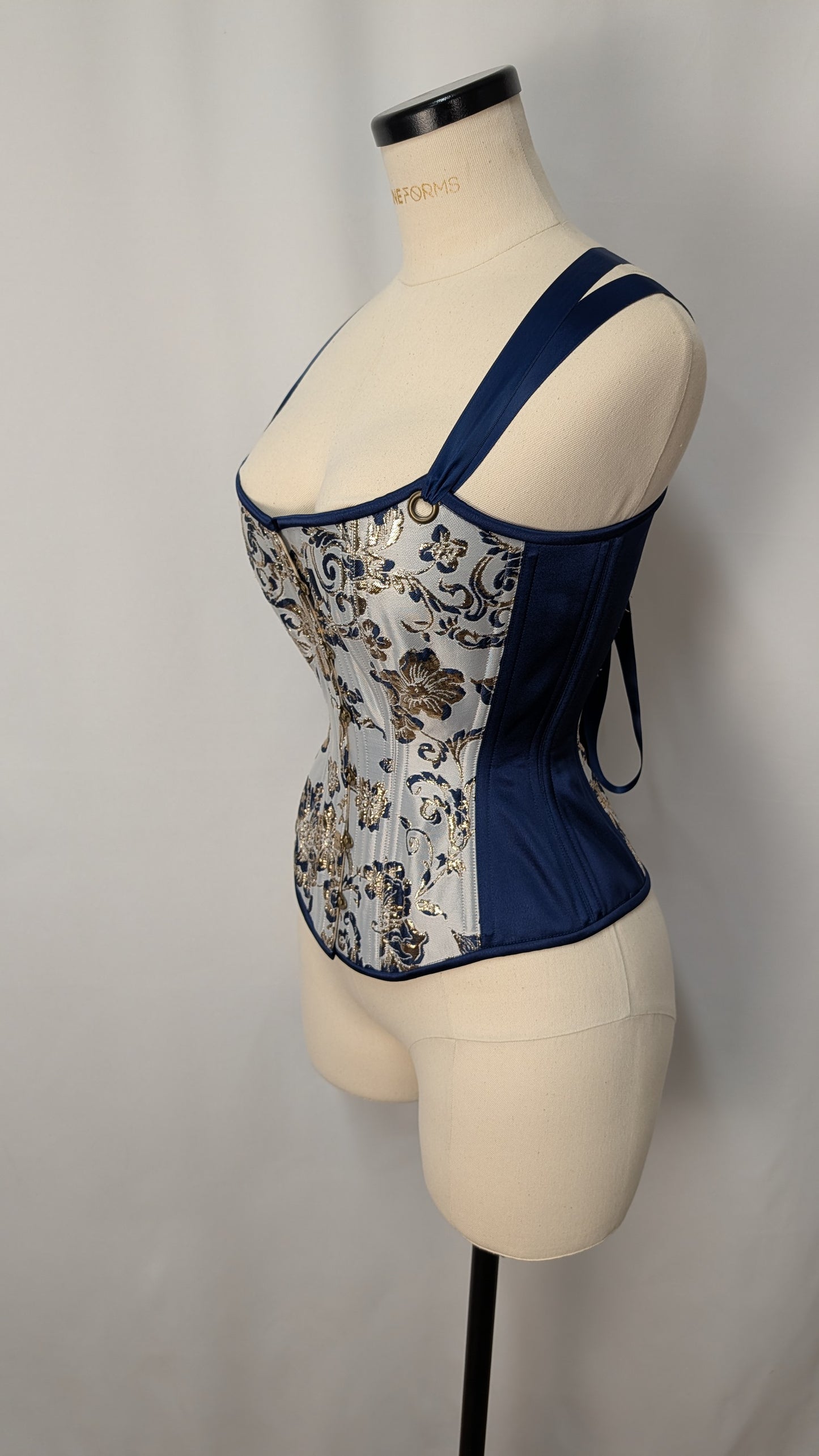 Navy and Gold Silk Jacquard Scoop Neck Steel Boned Overbust Corset