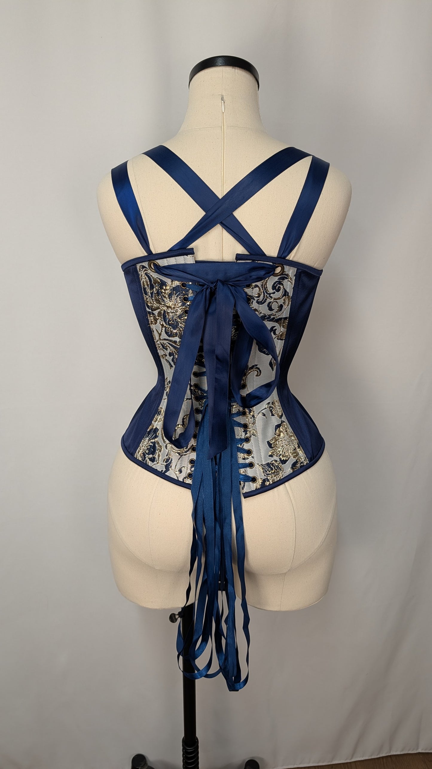Navy and Gold Silk Jacquard Scoop Neck Steel Boned Overbust Corset