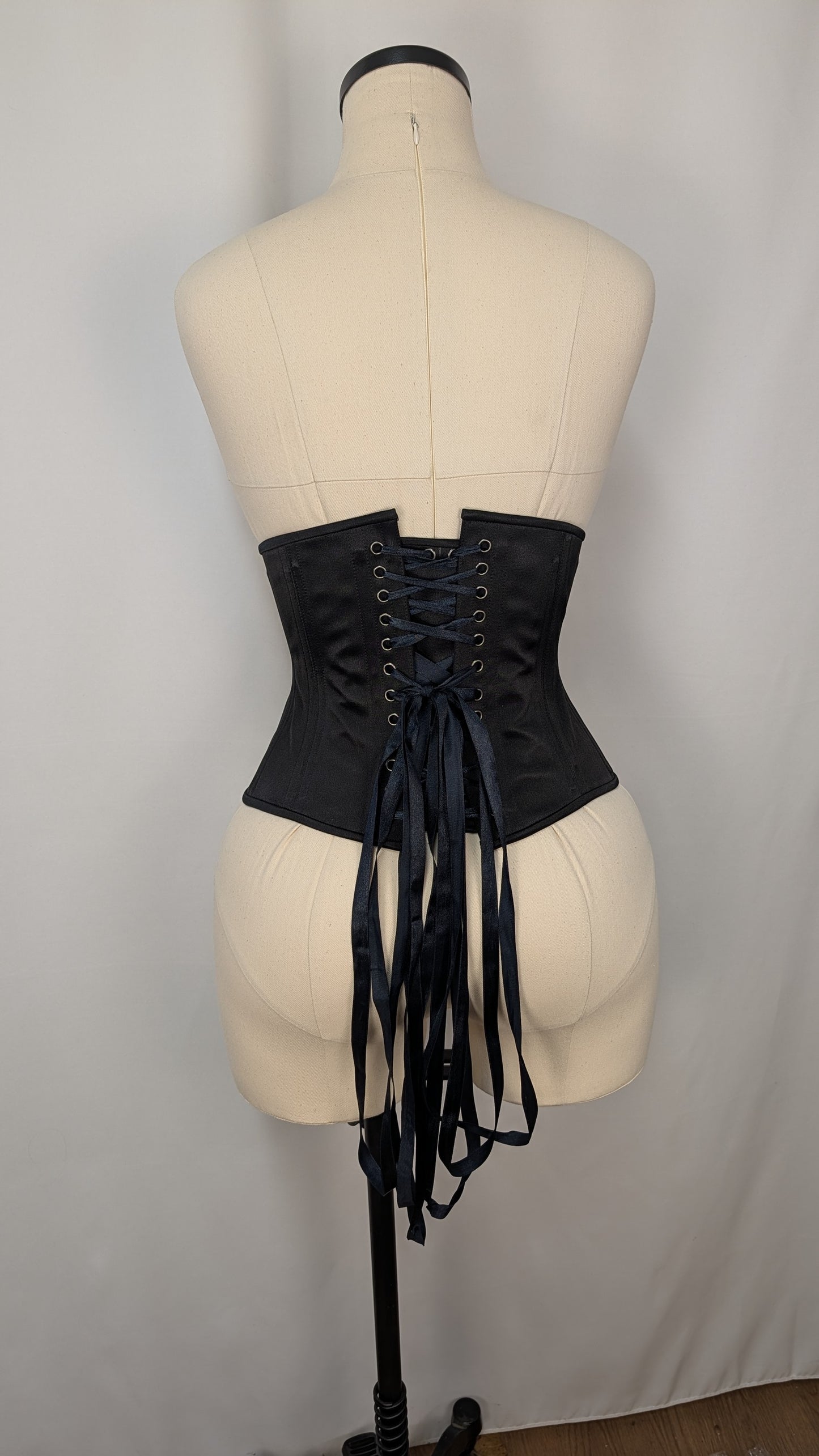 Black Satin Steel Boned Low Curve Mid Hip Underbust Corset