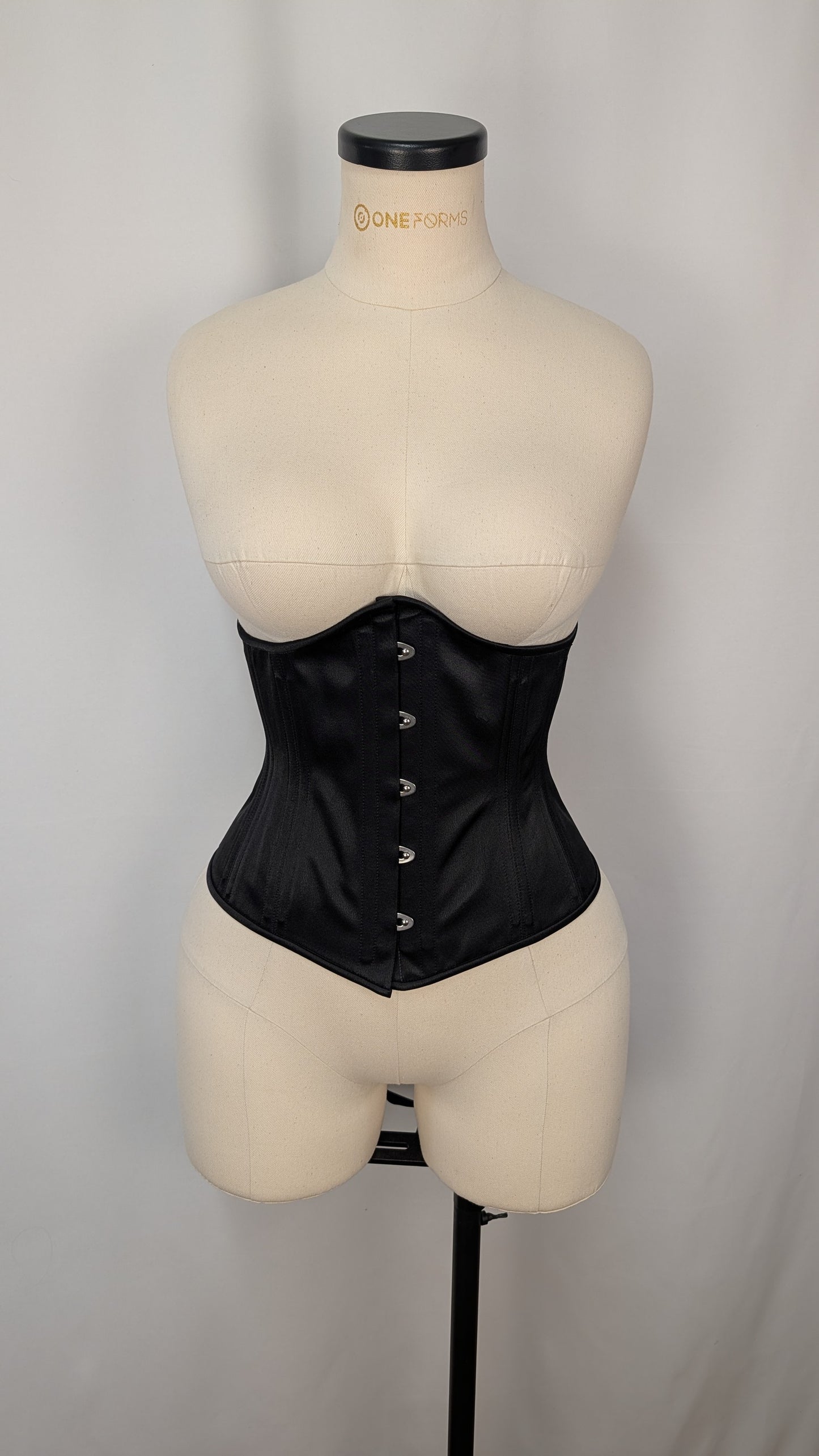 Black Satin Steel Boned Low Curve Mid Hip Underbust Corset