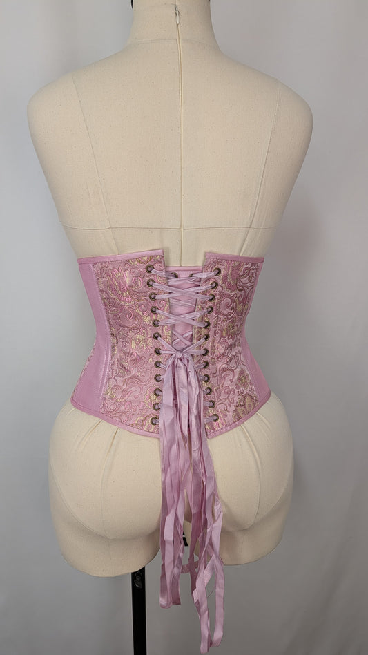 Pink and Gold Medallion Brocade Steel Boned Low Curve Mid Hip Underbust Corset