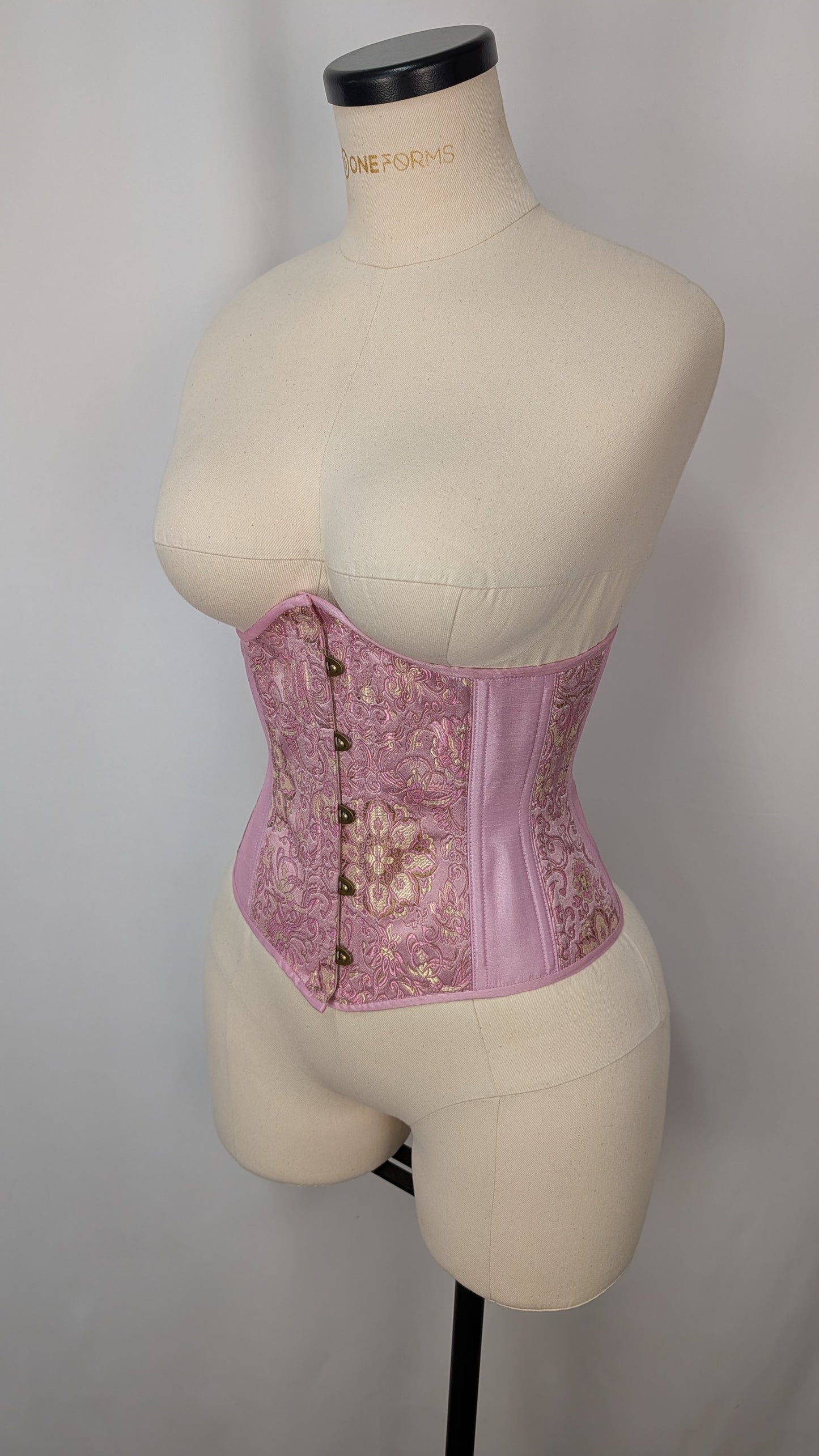 Pink and Gold Medallion Brocade Steel Boned Low Curve Mid Hip Underbust Corset
