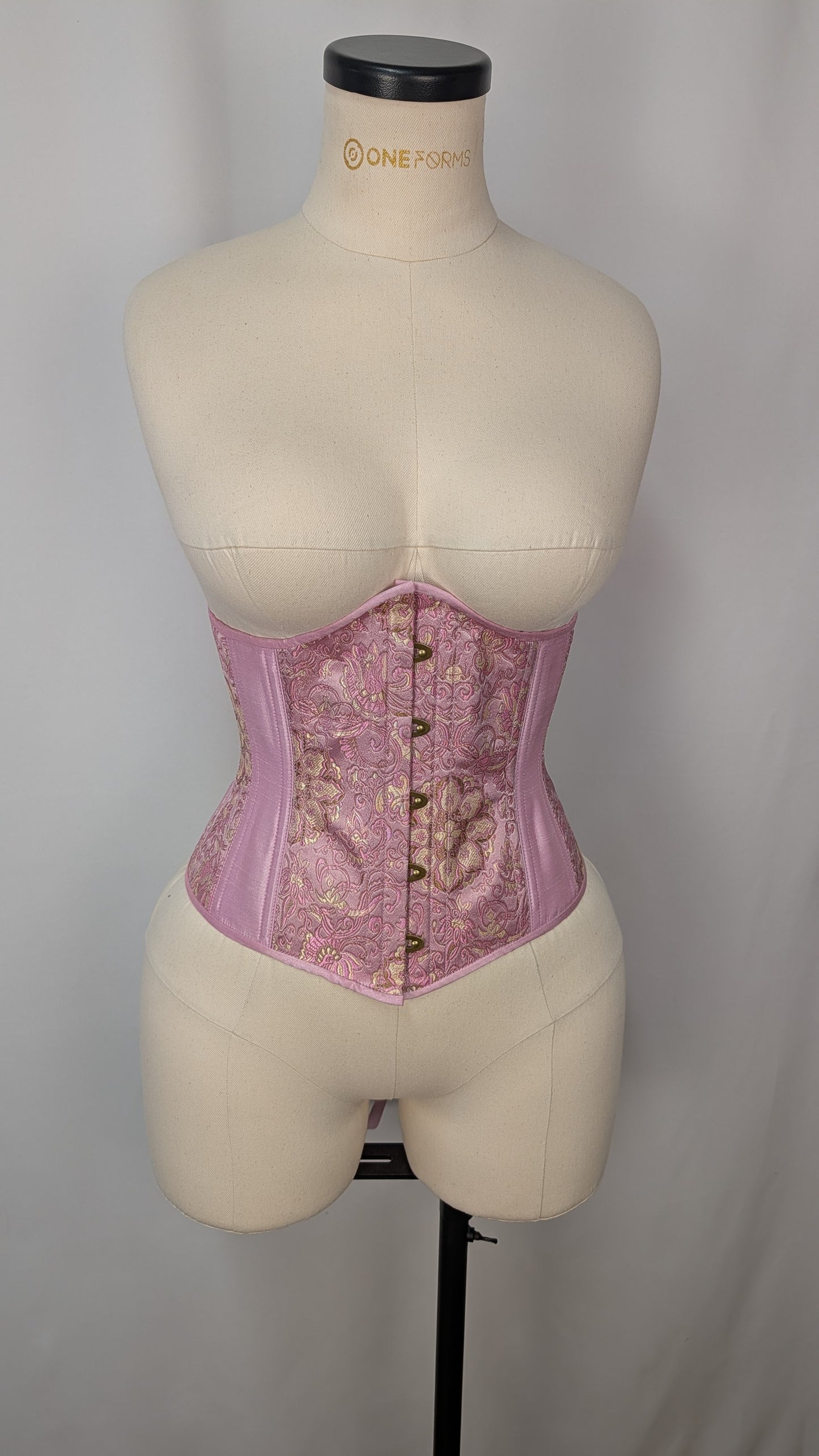 Pink and Gold Medallion Brocade Steel Boned Low Curve Mid Hip Underbust Corset