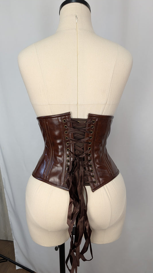 Antique Brown Vinyl Steel Boned Low Curve Mid Hip Underbust Corset