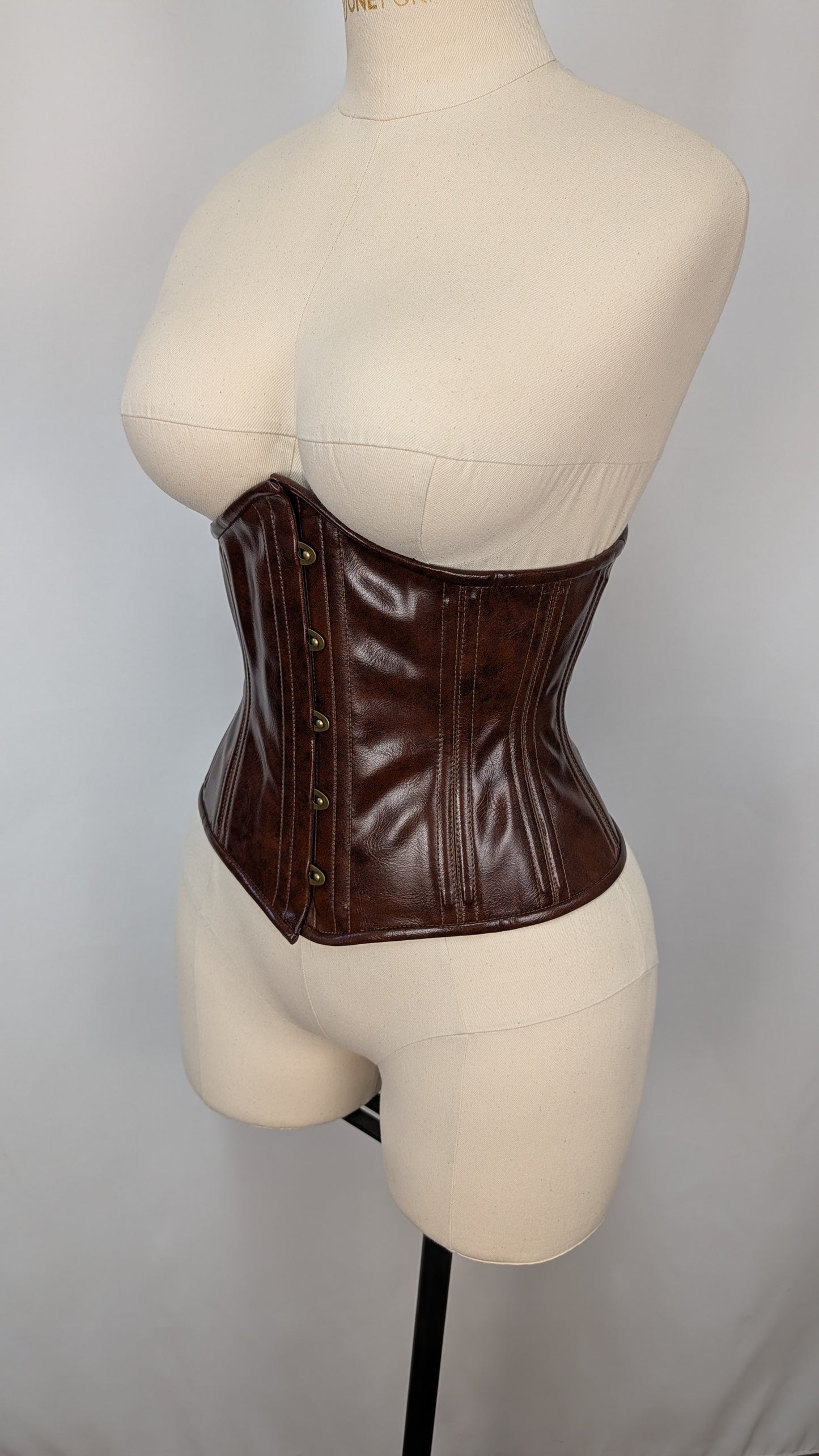 Antique Brown Vinyl Steel Boned Low Curve Mid Hip Underbust Corset