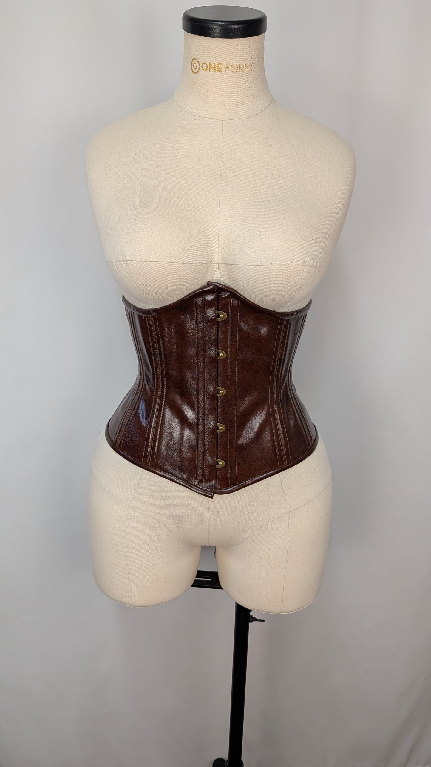 Antique Brown Vinyl Steel Boned Low Curve Mid Hip Underbust Corset