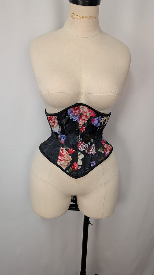 Black Floral Satin Steel Boned High Hip Underbust Corset